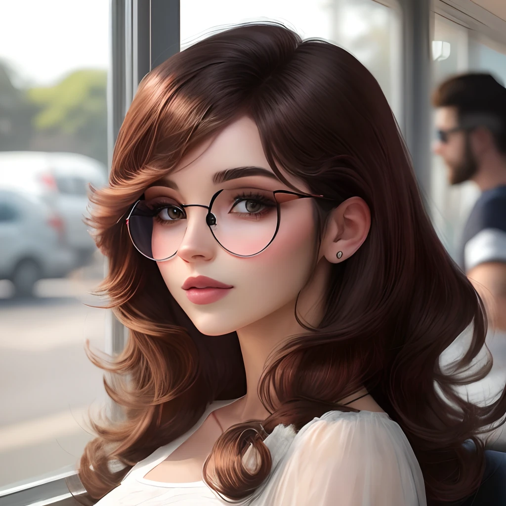 Mulher de cabelo longo castanho e oculos transparente e homem cabelo raspado e com barba
