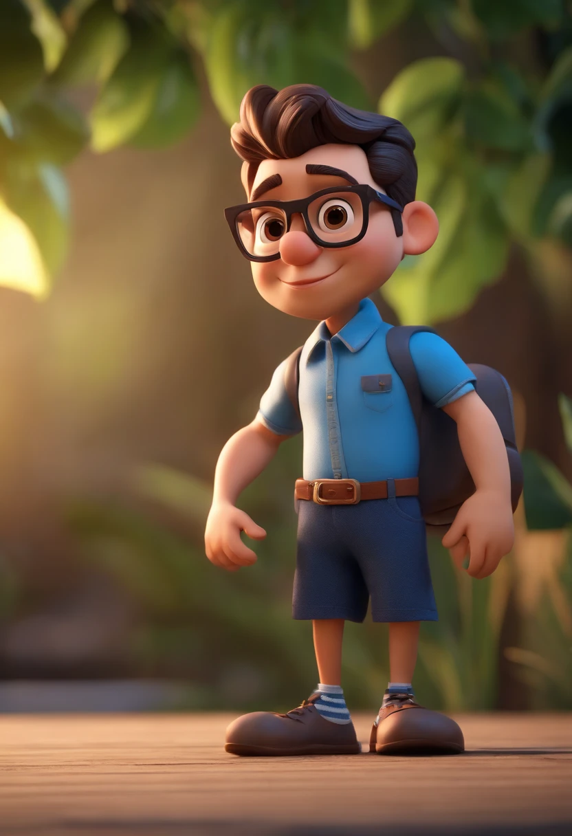 Cartoon character of a man wearing black glasses and a blue shirt, um personagem animado, Caractere estilizado, animation style rendering, 3D estilizado, Arnold Maya render, 3 d render stylized, toon render keyshot, Personagem 3D, Personagem 3D, 3d rendering stylized, 3 d character render, personagem de desenho animado, Personagem de close up, Pose de personagem, (Estilo Pixar) (master part:1.2) (Bokeh) (best quality) (pele detalhada) (textura detalhada) (8k) (argila) (Cinematic lighting) (foco nítido，Senta e vaza a parte superior do corpo