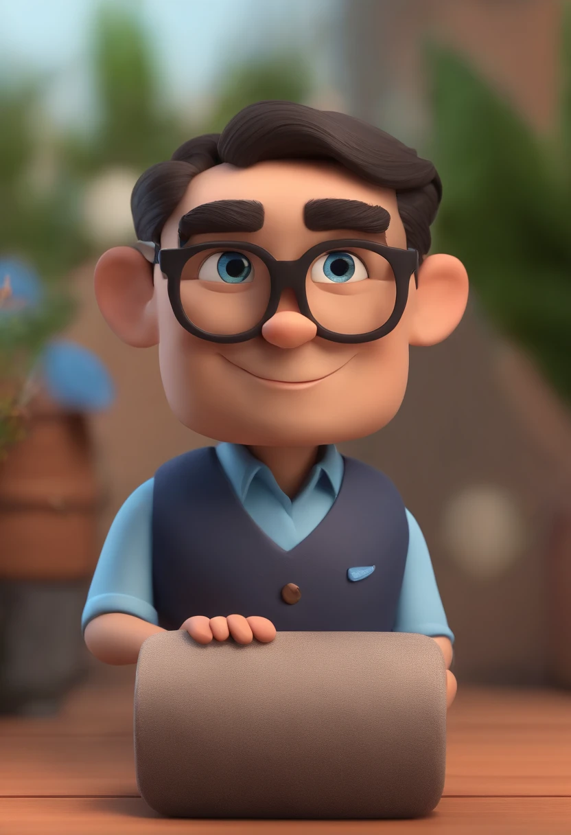 Cartoon character of a man wearing black glasses and a blue shirt, um personagem animado, Caractere estilizado, animation style rendering, 3D estilizado, Arnold Maya render, 3 d render stylized, toon render keyshot, Personagem 3D, Personagem 3D, 3d rendering stylized, 3 d character render, personagem de desenho animado, Personagem de close up, Pose de personagem, (Estilo Pixar) (master part:1.2) (Bokeh) (best quality) (pele detalhada) (textura detalhada) (8k) (argila) (Cinematic lighting) (foco nítido，Senta e vaza a parte superior do corpo