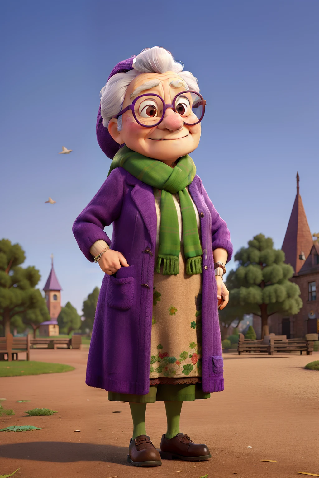 masterpiece, best quality, an old woman with glasses and a scarf on, wearing a purple coat and green scarf, standing at the park