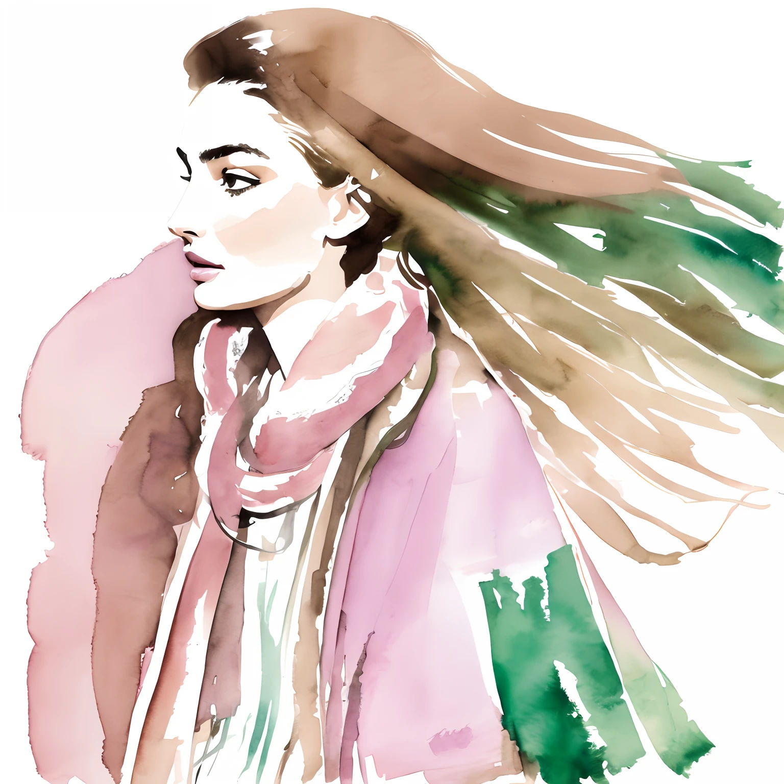 David Downton fashion illustration, line art and airy gentle watercolor drawing, blonde light brown hair woman 35 y.o, bob thin hair, profile, Andreea Diaconu, light pink jacket, lilac green woolen knitted scarf, windy, creative, designer,