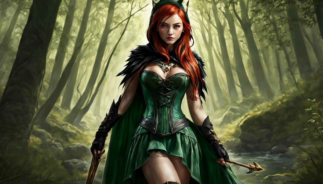 Masterpiece, high details, best quality, 8k, [ultra detailed], masterpiece, best quality, (extremely detailed), dynamic angle, ultra wide shot, RAW, photorealistic, fantasy art, dnd art, rpg art, realistic art, a wide angle picture of a female fairie ranger and her pet fox, warrior of nature, fighter of nature, full body, [[anatomically correct]]. dynamic position (1.5 intricate details, Masterpiece, best quality) talking to a fox, red fox, fantasy style, smoothlight (1.6 intricate details, Masterpiece, best quality) in forest (1.5 intricate details, Masterpiece, best quality), a female wearing hooded royal green cape (modest medium length dark green skirt with corset top) with thigh high green leather boots and hat (1.4 intricate details, Masterpiece, best quality), thick hair, long hair, auburn red hair, fair skin intense (brown) eyes, forest background (intense details), a stream flowing in the backgraound (1.4 intricate details, Masterpiece, best quality), dawn light, clouds (1.4 intricate details, Masterpiece, best quality), dynamic angle, (1.4 intricate details, Masterpiece, best quality) 3D rendering, high details, best quality, highres, ultra wide angle, celtic fantasy, clover, poison ivy, fae, goddess of mischief, green magic, (wearing green tophat), pixie, fairy, celtic, Autumn, beautiful autumn spirit, fall season, Dark colored roses, perfect creation, perfect art, highly detailed, detailed art, masterpiece, perfect creation, perfect art, (outlined iris), (perfect eyes), (full figure),