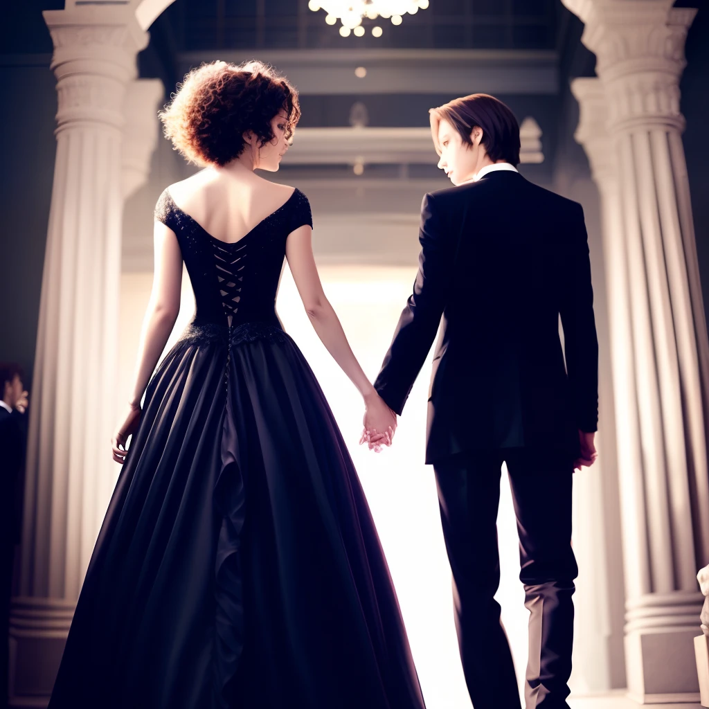 Woman with short curly hair in long dress dancing with Sebastian Michaelis, couple, very tall man,