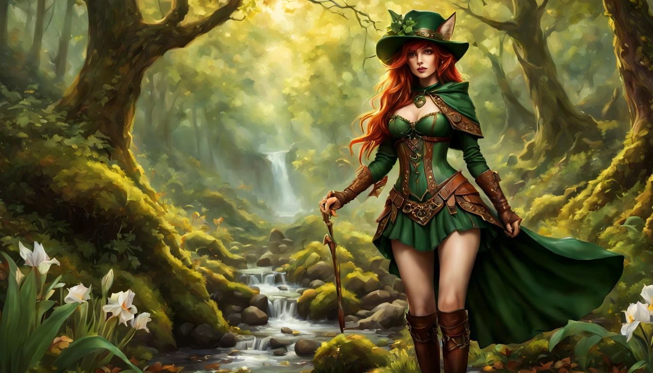 Masterpiece, high details, best quality, 8k, [ultra detailed], masterpiece, best quality, (extremely detailed), dynamic angle, ultra wide shot, RAW, photorealistic, fantasy art, dnd art, rpg art, realistic art, a wide angle picture of a female fairie ranger and her pet fox, warrior of nature, fighter of nature, full body, [[anatomically correct]]. dynamic position (1.5 intricate details, Masterpiece, best quality) talking to a fox, red fox, fantasy style, smoothlight (1.6 intricate details, Masterpiece, best quality) in forest (1.5 intricate details, Masterpiece, best quality), a female wearing hooded royal green cape (modest medium length dark green skirt with corset top) with thigh high green leather boots and hat (1.4 intricate details, Masterpiece, best quality), thick hair, long hair, auburn red hair, fair skin intense (brown) eyes, forest background (intense details), a stream flowing in the backgraound (1.4 intricate details, Masterpiece, best quality), dawn light, clouds (1.4 intricate details, Masterpiece, best quality), dynamic angle, (1.4 intricate details, Masterpiece, best quality) 3D rendering, high details, best quality, highres, ultra wide angle, celtic fantasy, clover, poison ivy, fae, goddess of mischief, green magic, (wearing green tophat), pixie, fairy, celtic, Autumn, beautiful autumn spirit, fall season, Dark colored roses, perfect creation, perfect art, highly detailed, detailed art, masterpiece, perfect creation, perfect art, (outlined iris), (perfect eyes), (full figure),