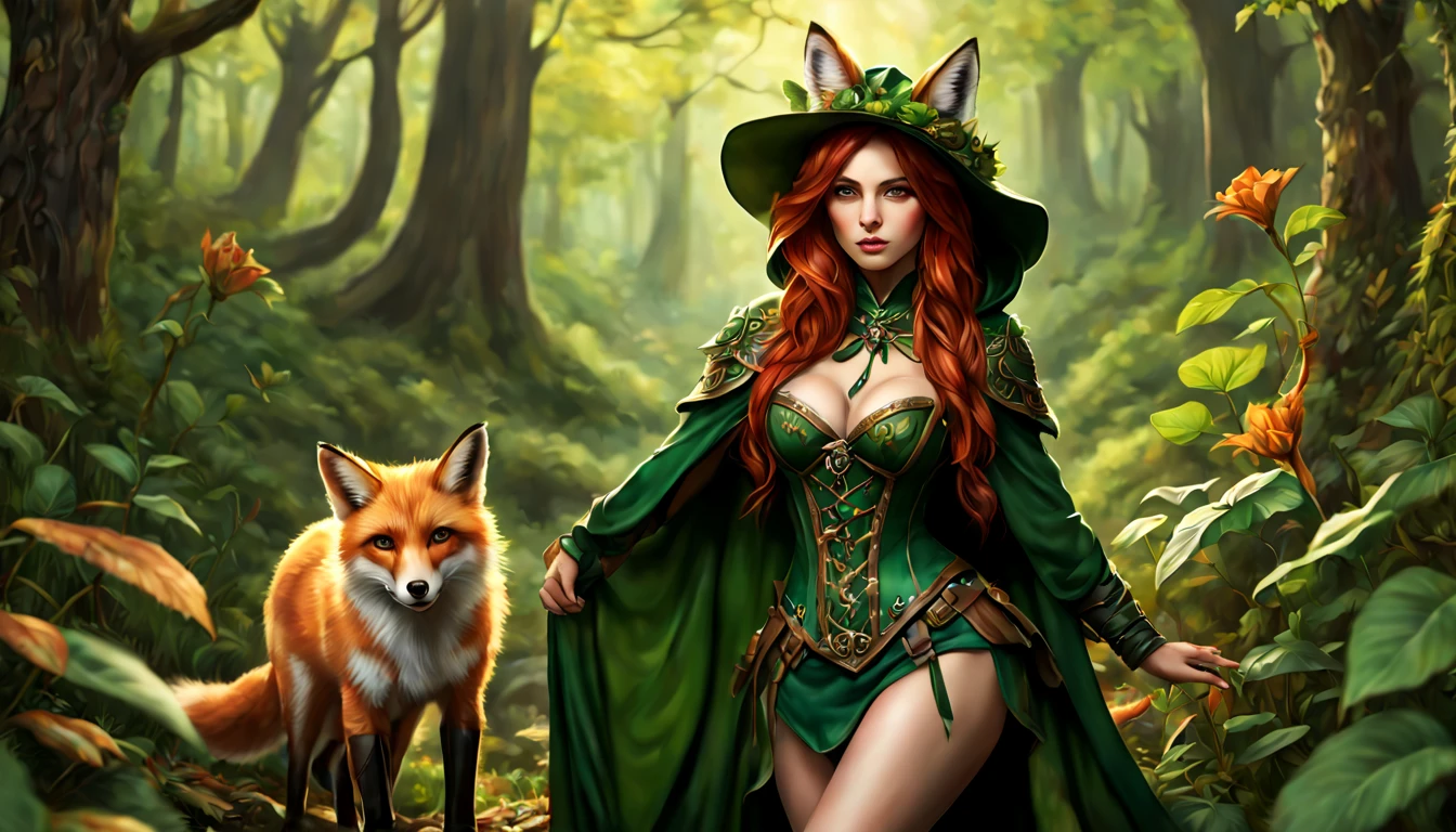 Masterpiece, high details, best quality, 8k, [ultra detailed], masterpiece, best quality, (extremely detailed), dynamic angle, ultra wide shot, RAW, photorealistic, fantasy art, dnd art, rpg art, realistic art, a wide angle picture of a female fairie ranger and her pet fox, warrior of nature, fighter of nature, full body, [[anatomically correct]]. dynamic position (1.5 intricate details, Masterpiece, best quality) talking to a fox, red fox, fantasy style, smoothlight (1.6 intricate details, Masterpiece, best quality) in forest (1.5 intricate details, Masterpiece, best quality), a female wearing hooded royal green cape (modest medium length dark green skirt wit? corset top) with thigh high green leather boots and hat (1.4 intricate details, Masterpiece, best quality), thick hair, long hair, auburn red hair, fair skin intense (brown) eyes, forest background (intense details), a stream flowing in the backgraound (1.4 intricate details, Masterpiece, best quality), dawn light, clouds (1.4 intricate details, Masterpiece, best quality), dynamic angle, (1.4 intricate details, Masterpiece, best quality) 3D rendering, high details, best quality, highres, ultra wide angle, celtic fantasy, clover, poison ivy, fae, goddess of mischief, green magic, (wearing green tophat), pixie, fairy, celtic, Autumn, beautiful autumn spirit, fall season, Dark colored roses, perfect creation, perfect art, highly detailed, detailed art, masterpiece, perfect creation, perfect art, (outlined iris), (perfect eyes), (full figure),