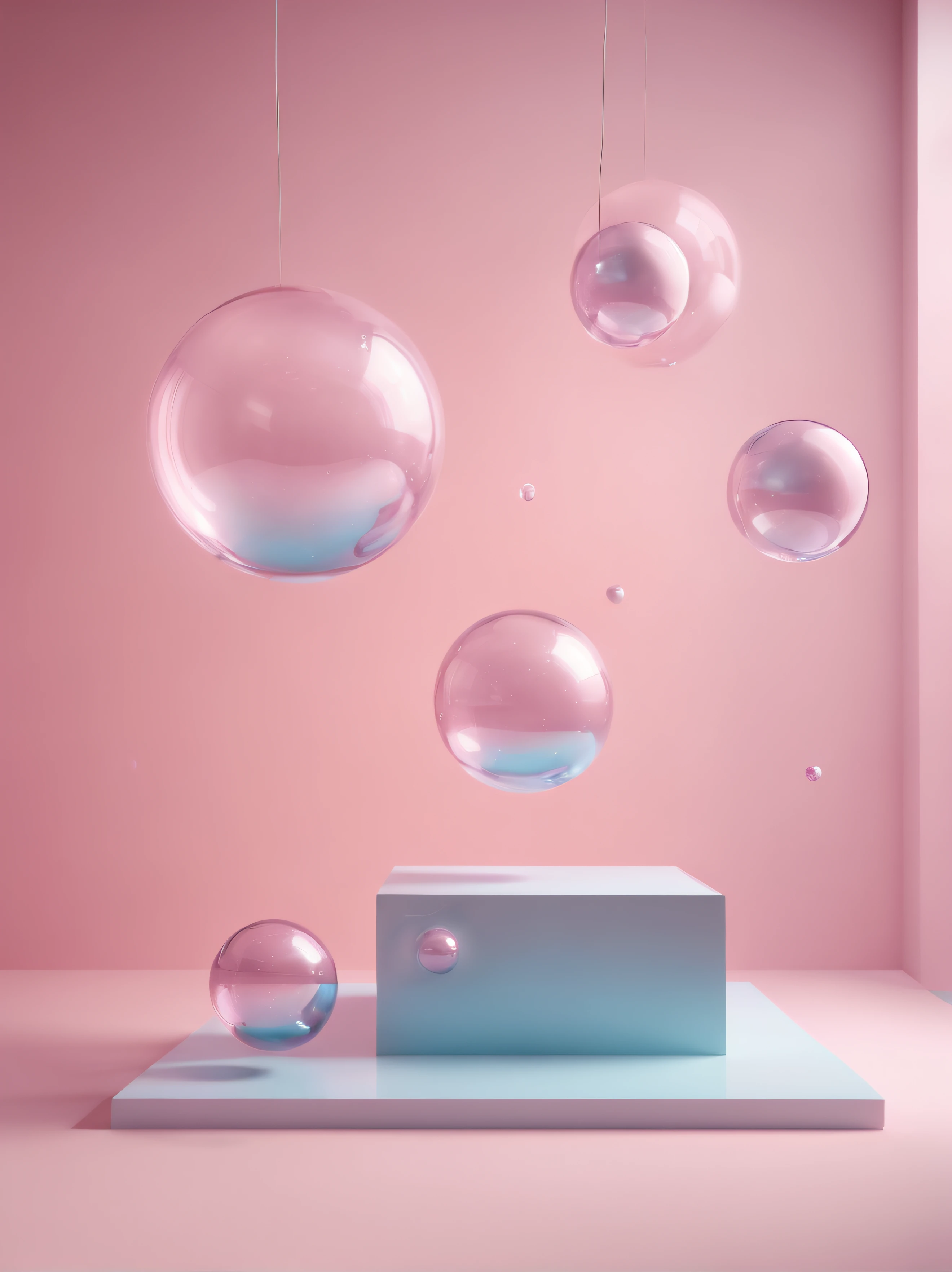 Studio Photo Background Decorated with a Cube Platform for Model Photography, 3D spheres floating in the air on the side of the composition, fotografia editorial de moda, The texture is glass and translucent, Rosa Antecedentes, Ultra realismo, octan render, Motor Unreal 5.2, luz brilhante, 8k
