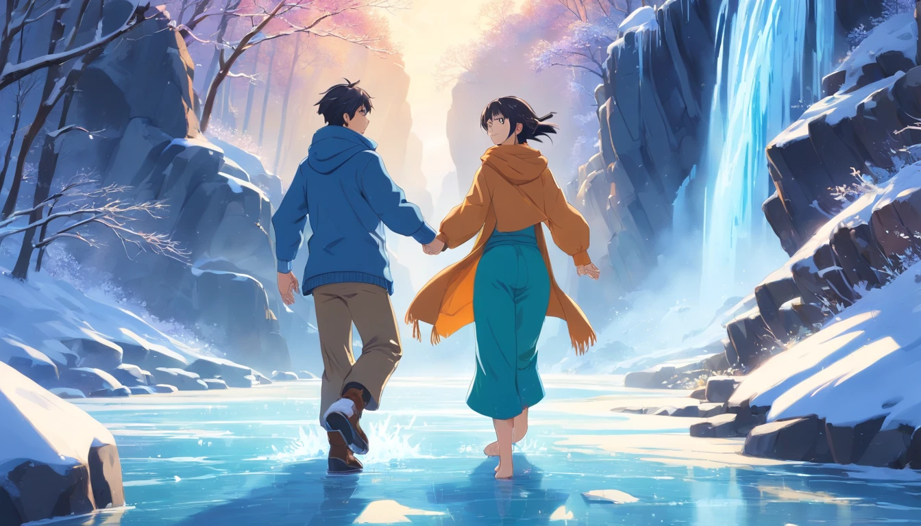 Main Subject: Two masculine men dancing near a frozen waterfall, one is 30 years old, has medium weavy short black hair, tan skin, very detailed face, very detailed body, and the other is a 40-year-old man, white skin, no hair, brown facial hair, very detailed face, very detailed body
Material: Oil painting
Additional Details: Sparkling snow, vibrant winter scenery, flowing water, icy blue background, dynamic dance poses, joyful expressions, colorful winter clothing
Image Quality: (best quality,4k,8k,highres,masterpiece:1.2), ultra-detailed, (realistic,photorealistic,photo-realistic:1.37), HDR, UHD, studio lighting, ultra-fine painting, sharp focus, physically-based rendering, extreme detail description, professional, vivid colors, bokeh
Art Style: Anime de Makoto Shinkai, landscape
Color Palette: Cold winter colors, shades of blue and white
Lighting: Soft, natural light illuminating the scene with a touch of warm golden light
