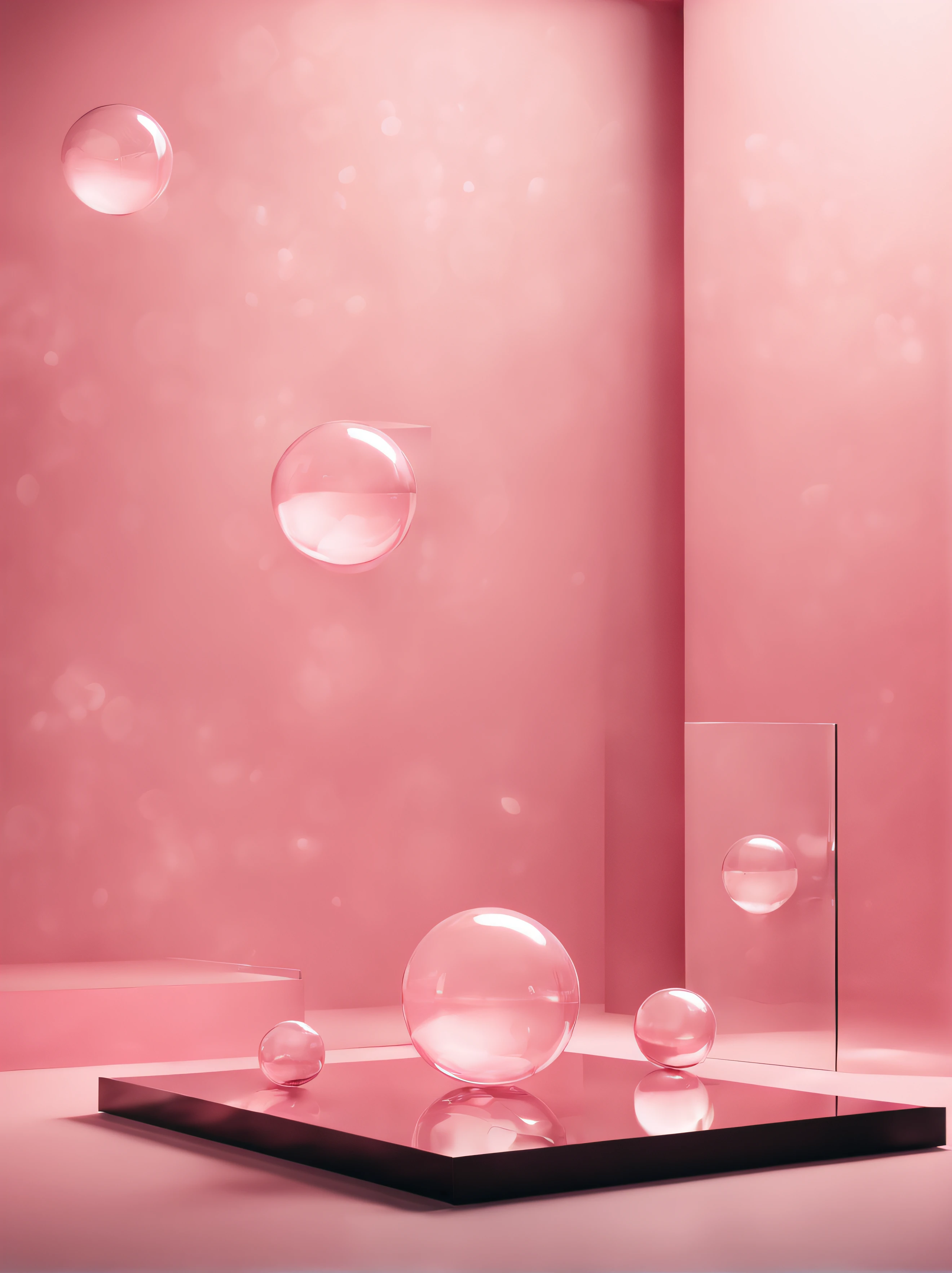 Studio Photo Background Decorated with a Cube Platform for Model Photography, 3D spheres floating in the air from the side of the composition, fotografia editorial de moda, The texture is glass and translucent, Antecedentes Rosa, Ultra realismo, octan render, unreal engine 5.2, luz brilhante, 8k