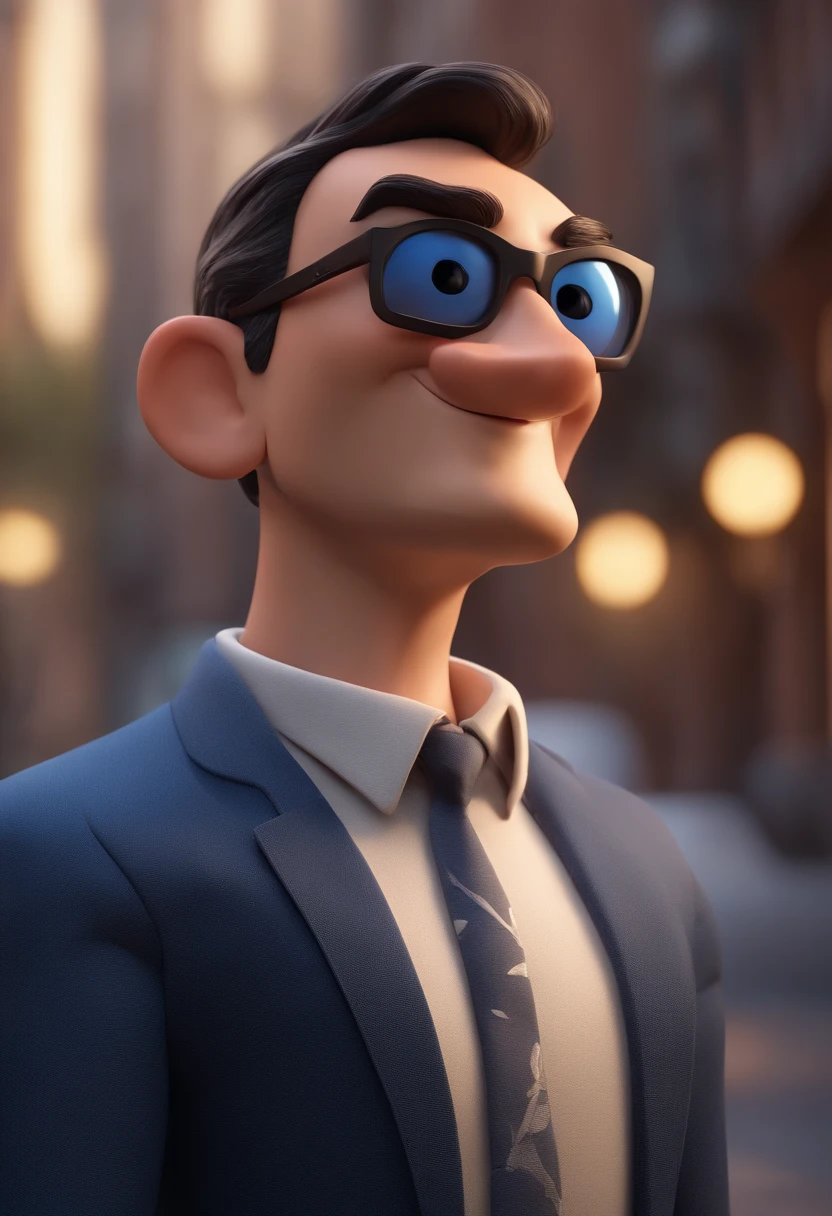 Cartoon character of a man with black glasses and a blue shirt, animation character, Caractere estilizado, animation style rendering, 3D estilizado, Arnold Maya render, 3 d render stylized, toon render keyshot, Personagem 3D, Personagem 3D, 3d rendering stylized, 3 d character render, personagem de desenho animado, Personagem de close up, Pose de personagem,  (Estilo Pixar) (master part:1.2) (Bokeh) (best quality) (pele detalhada) (textura detalhada) (8k) (argila) (Cinematic lighting) (foco nítido
