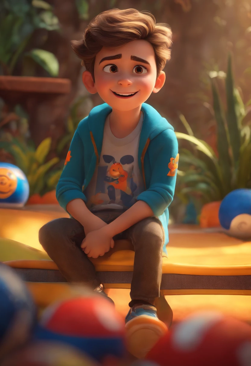 Image of a boy for a story in a YouTube video in Pixar format, He's the little allabester, He's the class leader, He's outgoing, has a Sonic blouse printed on it , Playful and gets up for a lot of things