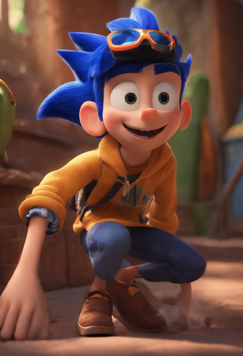 Image of a boy for a story in a YouTube video in Pixar format, He's the little allabester, He's the class leader, He's outgoing, has a Sonic blouse printed on it , Playful and gets up for a lot of things