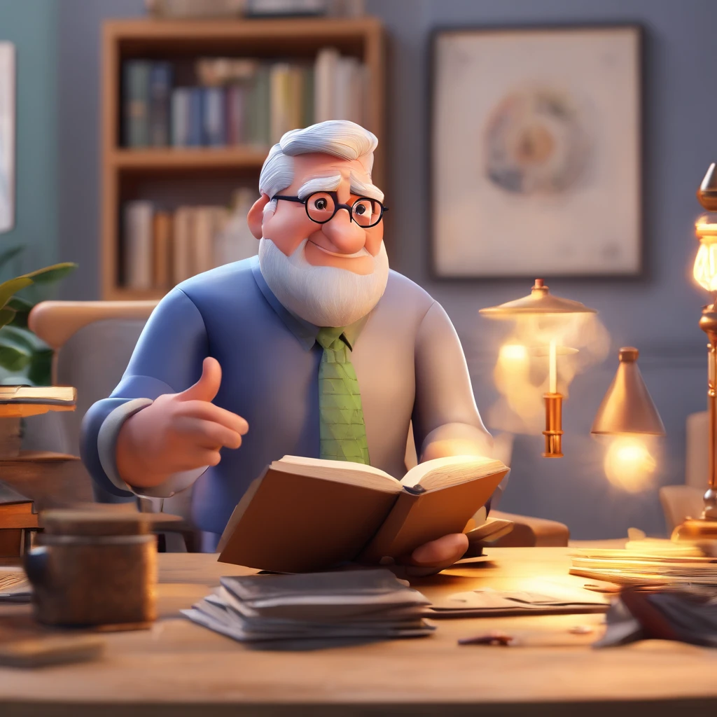 Crie um cartaz inspirado na Disney Pixar com o personagem sendo o pastor Rubens Janier, A gray-haired man wearing glasses, in an office with a Bible on the table