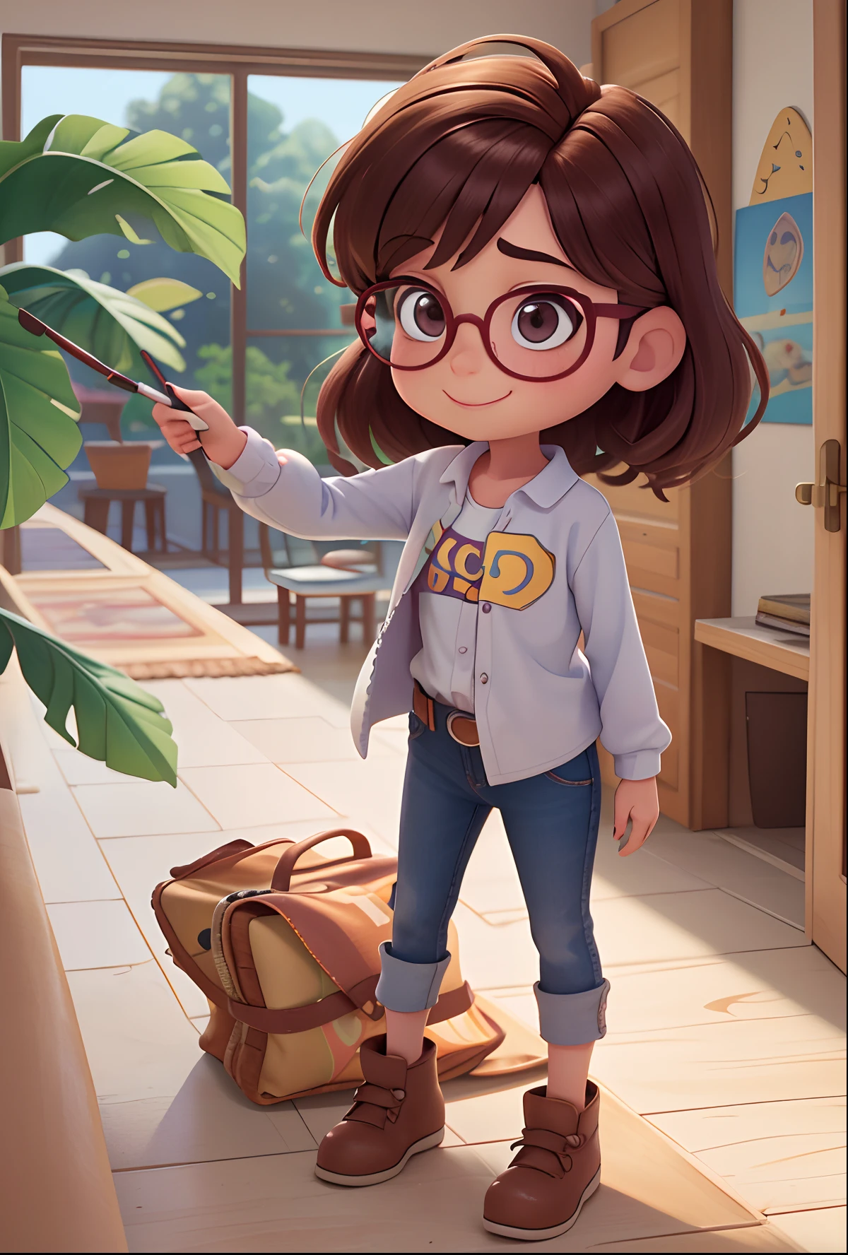 (Uma pequena mulher Pixar Disney peito:1.3),(master part, best quality:1.4), (Beautiful, aesthetic, perfeito, delicado, intrincado:1.2),((best quality)), ((master part)), (circunstanciado),(A high resolution:1.2), sala de aula, An adult female, Claudia Chever sorridente, camisa vermelha, saia branca, glasses, dobrar, angle of view,