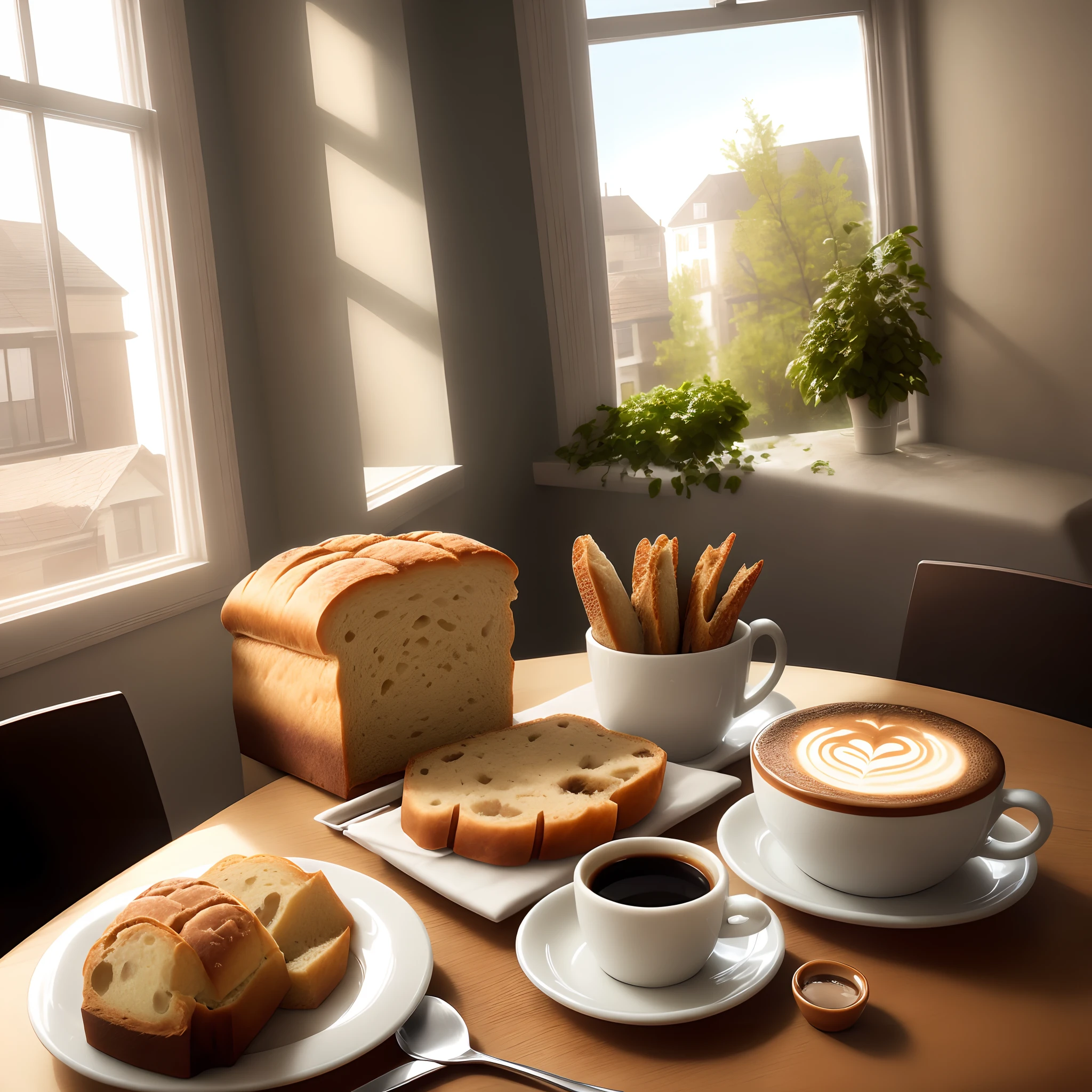 Bread and butter on the table and coffee, Very artistic and cheerful with window and sun in the background