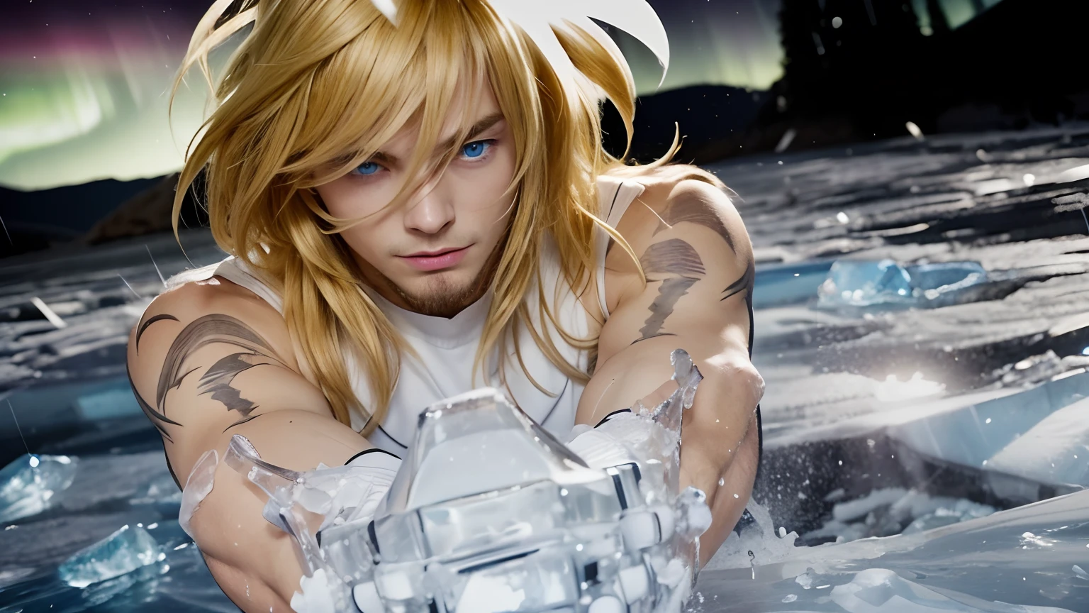 (masterpiece), (realistic) , close up portrait of a man, (male), 20 years old, Russian (1boy), slightly low view, solo, pretty handsome man, white skin, ((pretty big blue eyes)), ((well done eyes)), ((perfect eyes)), serious, powerful look, medium messy blond hair, (bangs), hair blowing in the air, (beardless), off-white regatta, muscular, long arms extended forward, proportional arms, ice covering the crossing hands, face and arms scratched, aurora boreal sky background, frozen background solo, small ice Cristals in the air, cinematic lighting. Cleaning arms. Cleaning face. ((no tattoos).