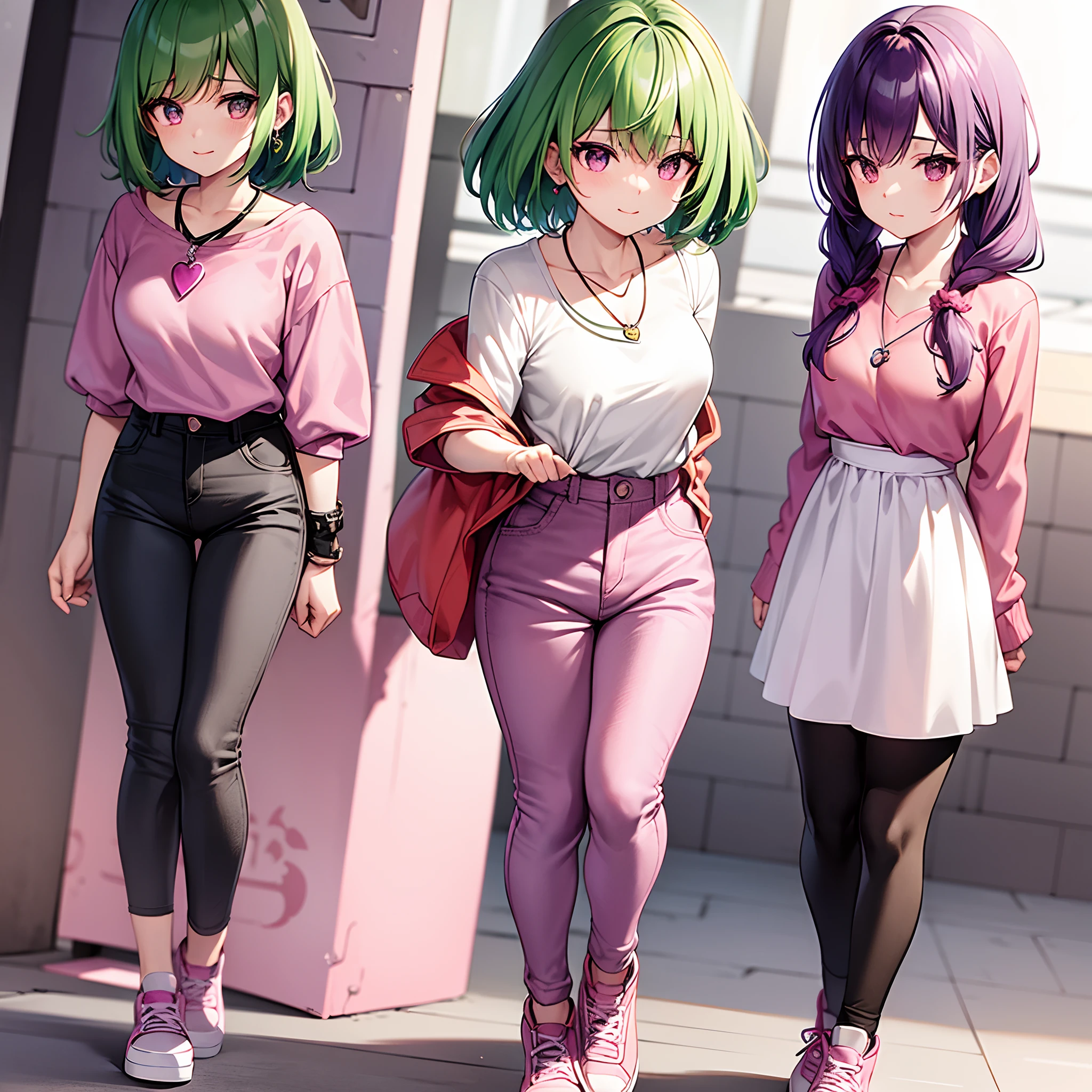 anime girl, green hair, purple eyes, necklace in silver with red heartstone, pink blouse, black jeans, pink sneakers