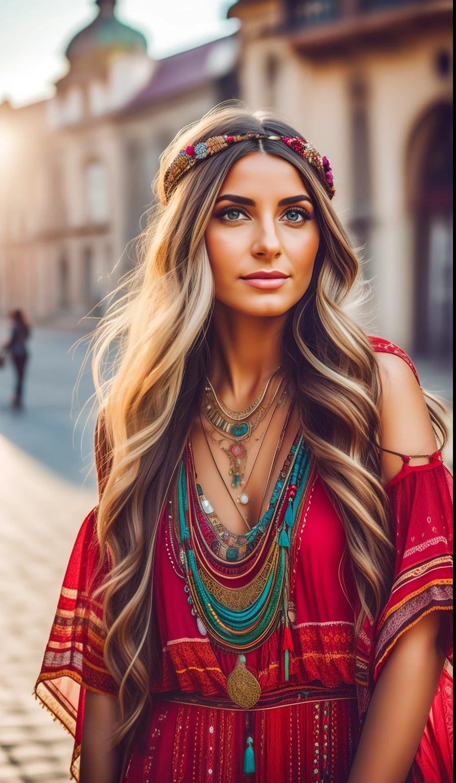 Fotografia profissional mestre, Beautiful woman in bohemian dress and accessories,cabelos longos e pretos, olhos pretos tambem, olhando para frente, texturas e detalhes extremos, foto de retrato de corpo inteiro, bohemian city landmarks background,