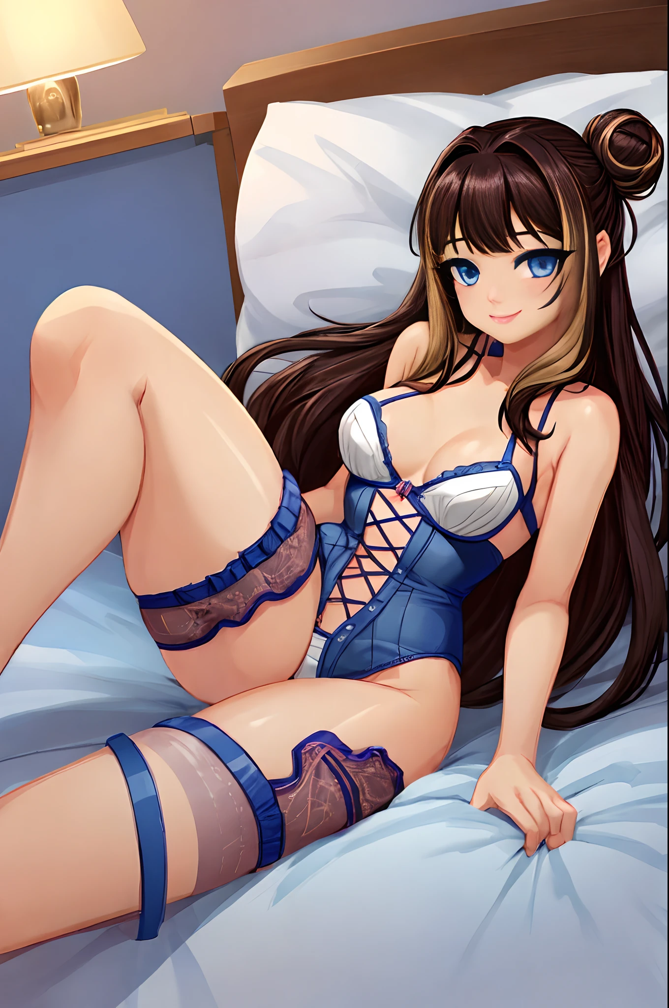 peanut, 1girl, solo,blue eyes, brown hair,multicolored hair, medium breasts, smile, single hair bun, long hair, looking at viewer, breasts, in bedroom, wearing lingerie, laying on bed