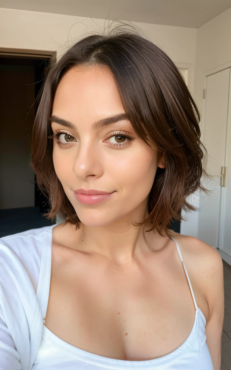 1 , cabelos longos ondulados, olhos castanhos escuros, foto de perfil