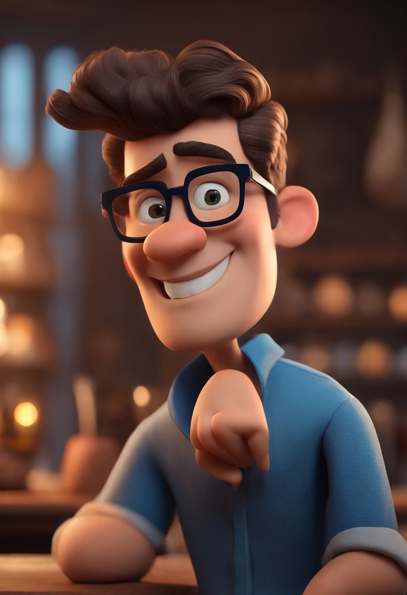 Cartoon character of a man with black glasses and a blue shirt, animation character, Caractere estilizado, animation style rendering, 3D estilizado, Arnold Maya render, 3 d render stylized, toon render keyshot, Personagem 3D, Personagem 3D, 3d rendering stylized, 3 d character render, personagem de desenho animado, Personagem de close up, Pose de personagem,  (Estilo Pixar) (master part:1.2) (Bokeh) (best quality) (pele detalhada) (textura detalhada) (8k) (argila) (Cinematic lighting) (foco nítido