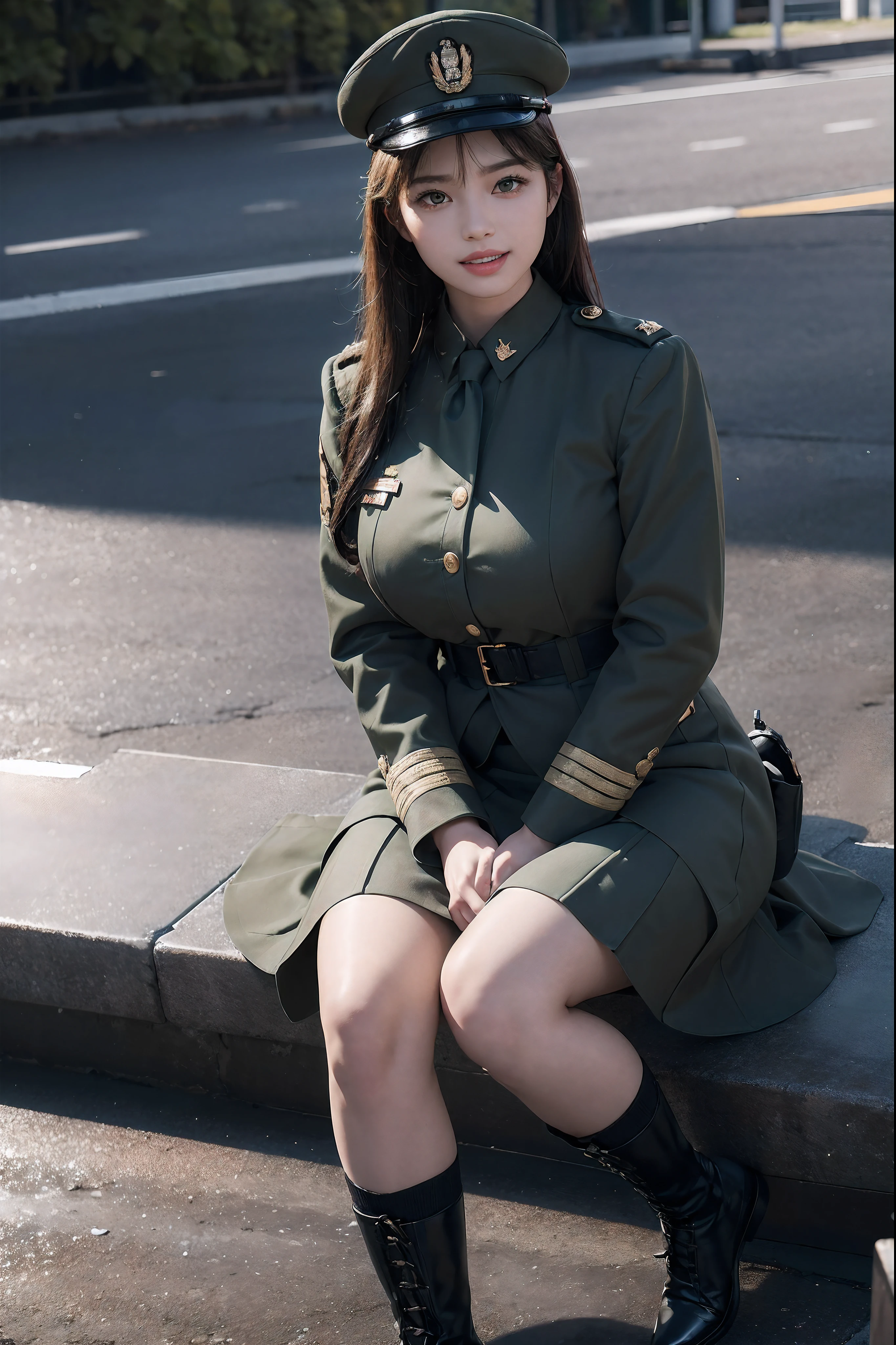Usually detailed CG Unity 8K wallpaper，（tmasterpiece），（best qualtiy），（ultra - detailed），（Ultra photo realsisim），（best character detail：1.36），Nikon D750 f / 1.4 55mm，profesional lighting， physically-based renderingt, 1girll, Female soldier，army suit，Dark green military uniform，Fabric texture military uniform，Pure white lining，Dark green tie，Army green skirt，military hat，Bare legged，Plump legs，whitestocking，without wearing shoes，Black hair，the golden ratio,[:(com rosto detalhado:1.2):0.2]:，PureErosFace_V1, broad shoulder,(Bigchest:1.5),(big assa:1.5),In the square，Splendid scenery，bright sun，RAW photogr，frontal photos， Look at the audience head-on，Night Street，lighting，Contre-Jour，Bright smile，White teeth，