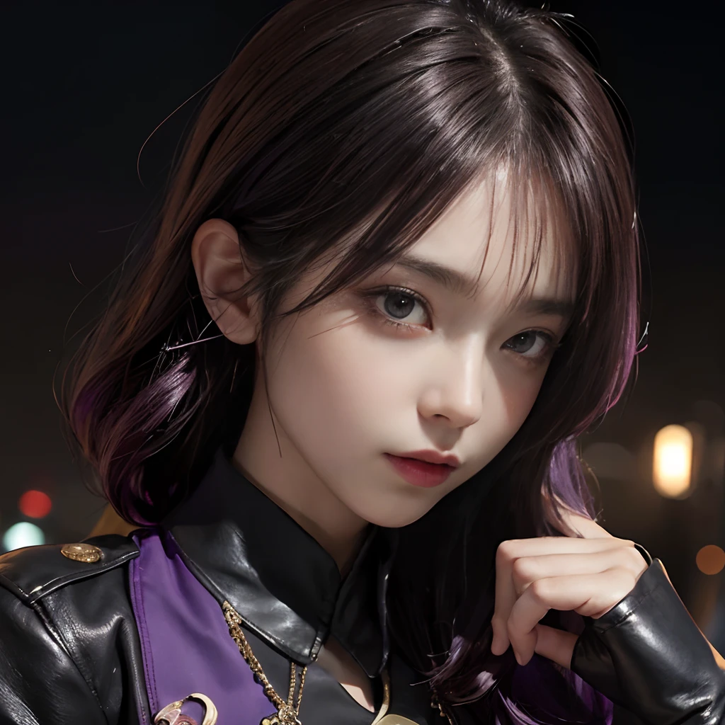 (1girl in:1.3),Solo,__body-parts__, Official art, 8k unit wallpaper, ultra-detailliert, close up of face, Beautiful and aesthetic, Gorgeous, masutepiece, Best Quality, Fantastic atmosphere, Calming Palette, tranquil mood, Soft shading, Miko Miko, Charmspell, Family amulet, Priestess Duties, dark aesthetics, suit and tie、Black leather shorts and black leather jacket with many chains around the body, Tokyo city in the background, (Messy short purple hair),NSFW