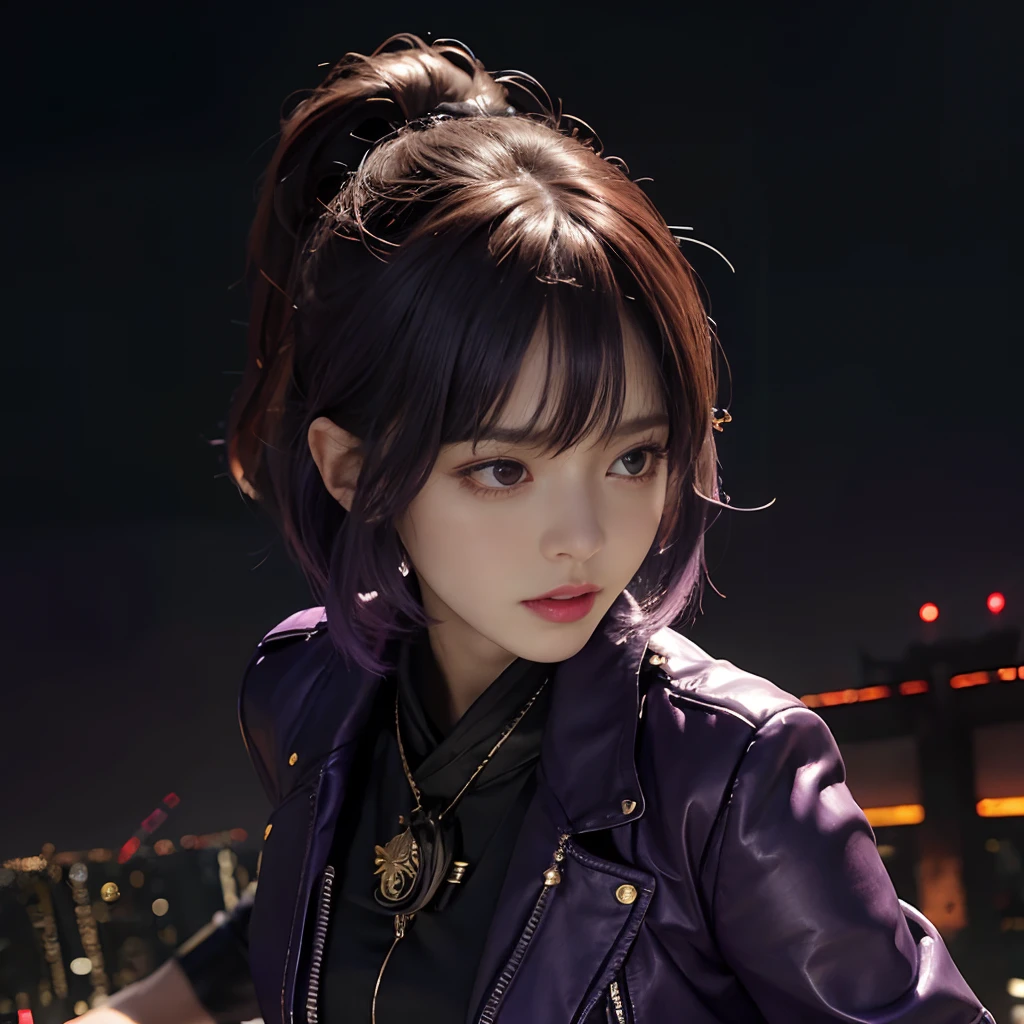(1girl in:1.3),Solo,__body-parts__, Official art, 8k unit wallpaper, ultra-detailliert, close up of face, Beautiful and aesthetic, Gorgeous, masutepiece, Best Quality, Fantastic atmosphere, Calming Palette, tranquil mood, Soft shading, Miko Miko, Charmspell, Family amulet, Priestess Duties, dark aesthetics, suit and tie、Black leather shorts and black leather jacket with many chains around the body, Tokyo city in the background, (Messy short purple hair),NSFW