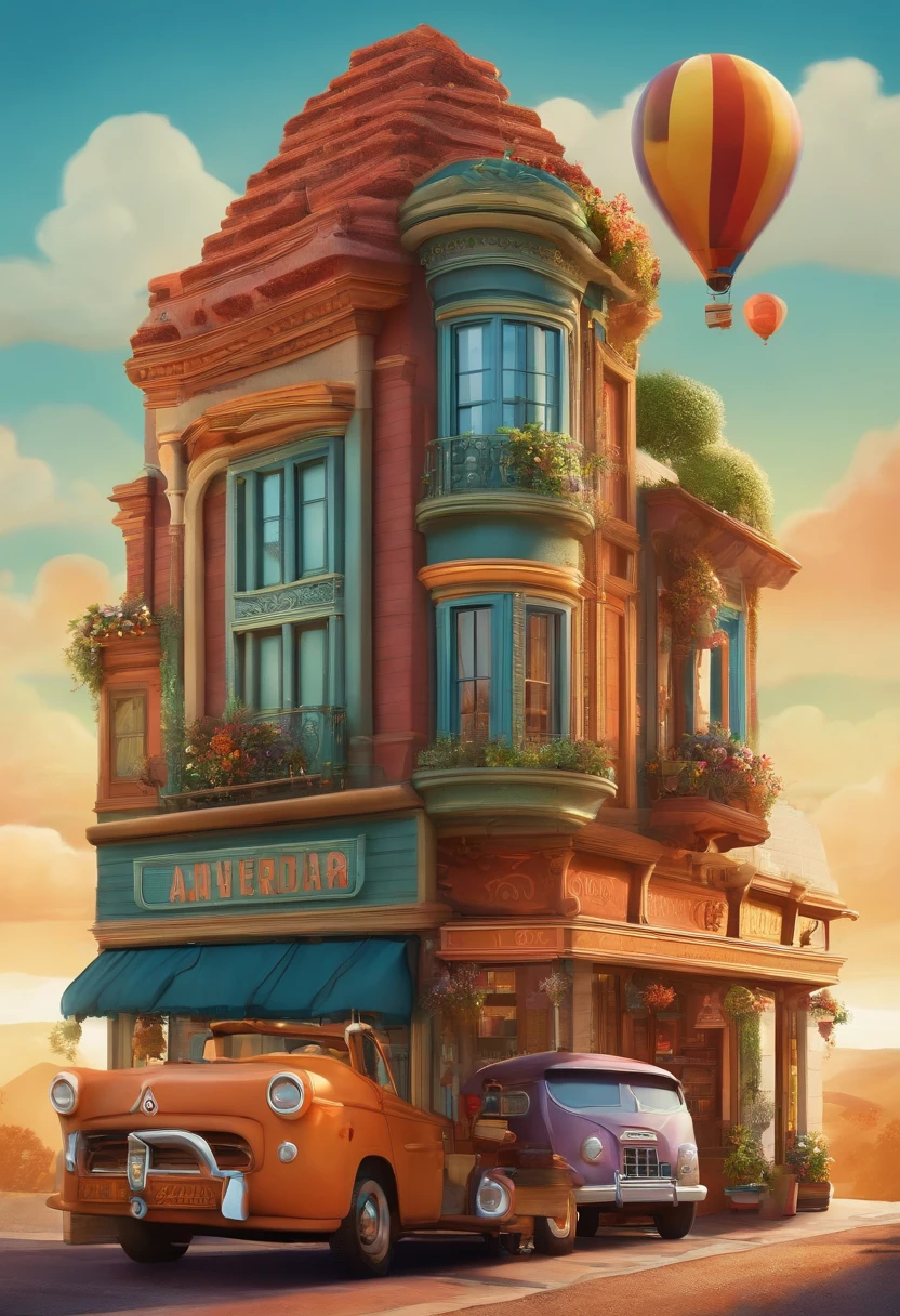 Uma avenida com lojas e predios de 2 andares. Desenho tipo cartaz da pixar