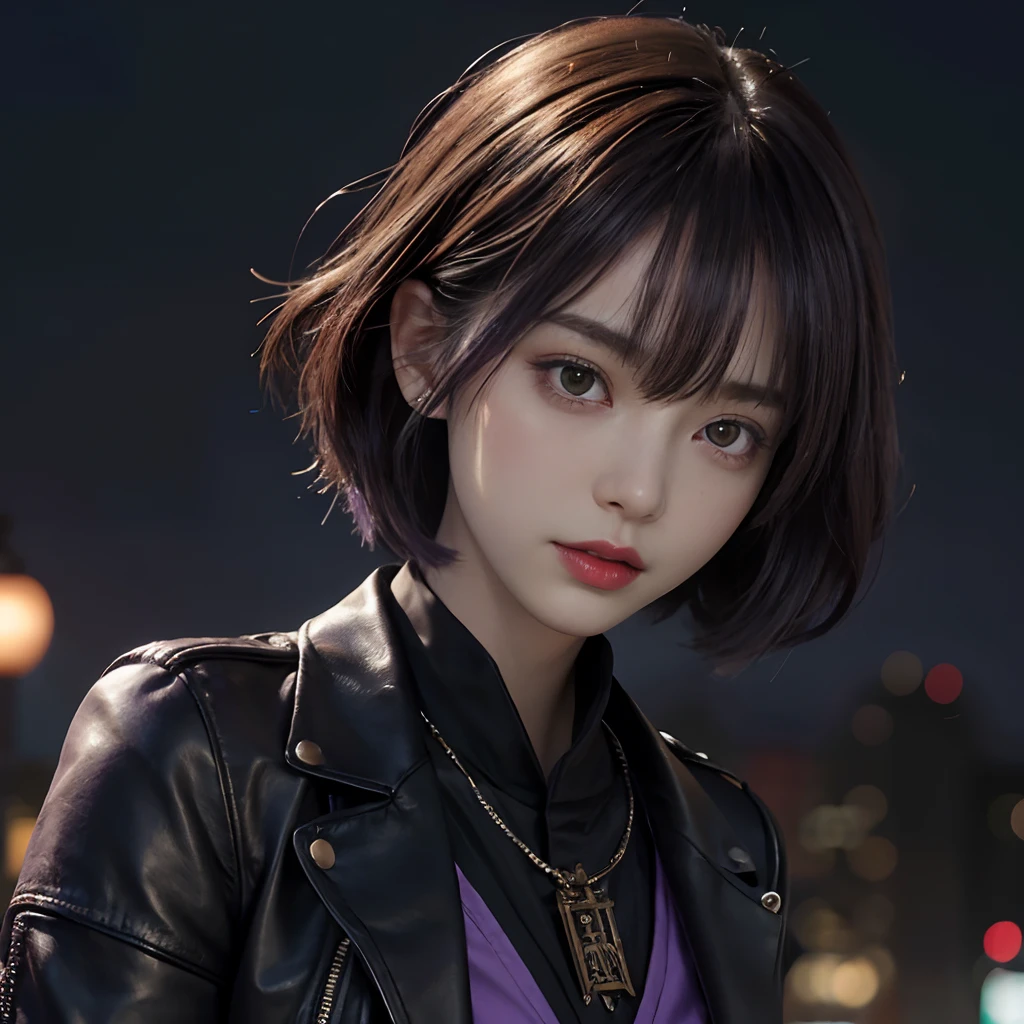 (1girl in:1.3),Solo,__body-parts__, Official art, 8k unit wallpaper, ultra-detailliert, close up of face, Beautiful and aesthetic, Gorgeous, masutepiece, Best Quality, Fantastic atmosphere, Calming Palette, tranquil mood, Soft shading, Miko Miko, Charmspell, Family amulet, Priestess Duties, dark aesthetics, suit and tie、Black leather shorts and black leather jacket with many chains around the body, Tokyo city in the background, (Messy short purple hair),NSFW