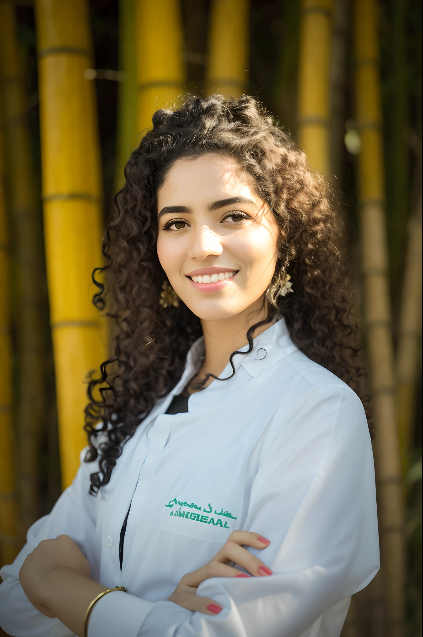 Spurned woman with curly hair and a white shirt standing in front of bamboo trees, fernanda suarez, Ameera Al-Taweel, Ameera africana Al Taweel, Ameera Al Taweel, Valentina Embaralhamento, icaro carvalho, by Amelia Peláez, Sara Ali, arab ameera al-taweel