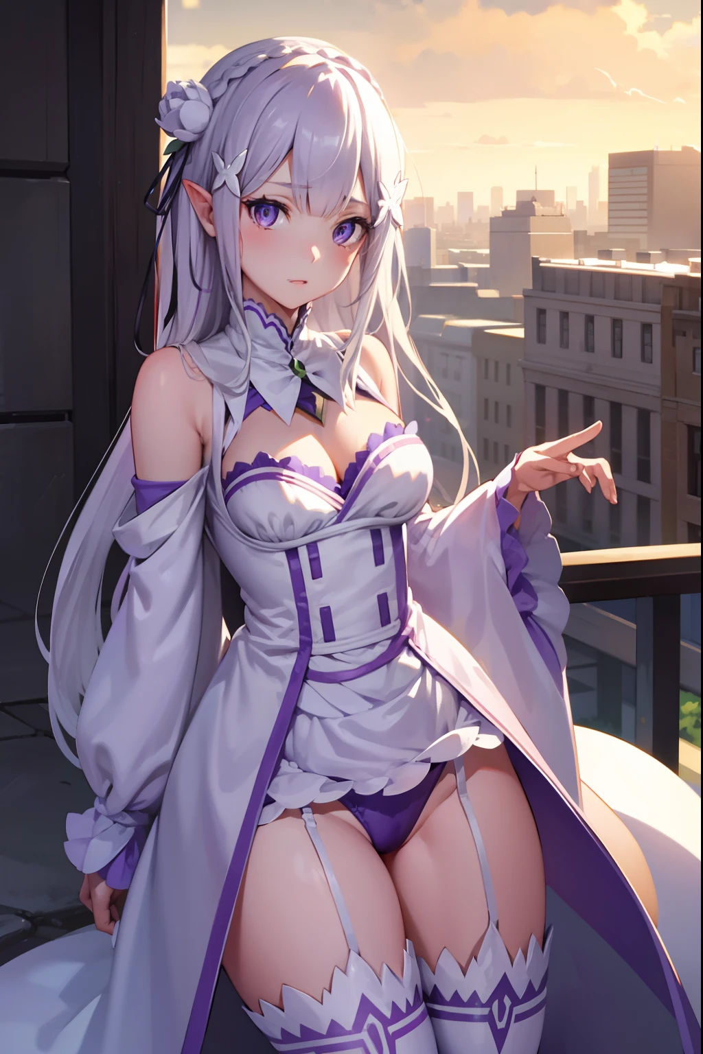 rezeroemilia, emilia, braid, crown braid, flower, hair flower, hair ornament, hair ribbon, long hair, pointy ears, (purple eyes:1.2), white hair, x hair ornament,
BREAK white bunny suit, sexy, skin tight, medium breasts, cleavage, bunny ears, fishnets, garter straps, zettai ryouiki,
BREAK outdoors, city,
BREAK looking at viewer, cowboy shot, full body, BREAK (masterpiece:1.2), best quality, high resolution, unity 8k wallpaper, (illustration:0.8), (beautiful detailed eyes:1.6), extremely detailed face, perfect lighting, extremely detailed CG, (perfect hands, perfect anatomy),