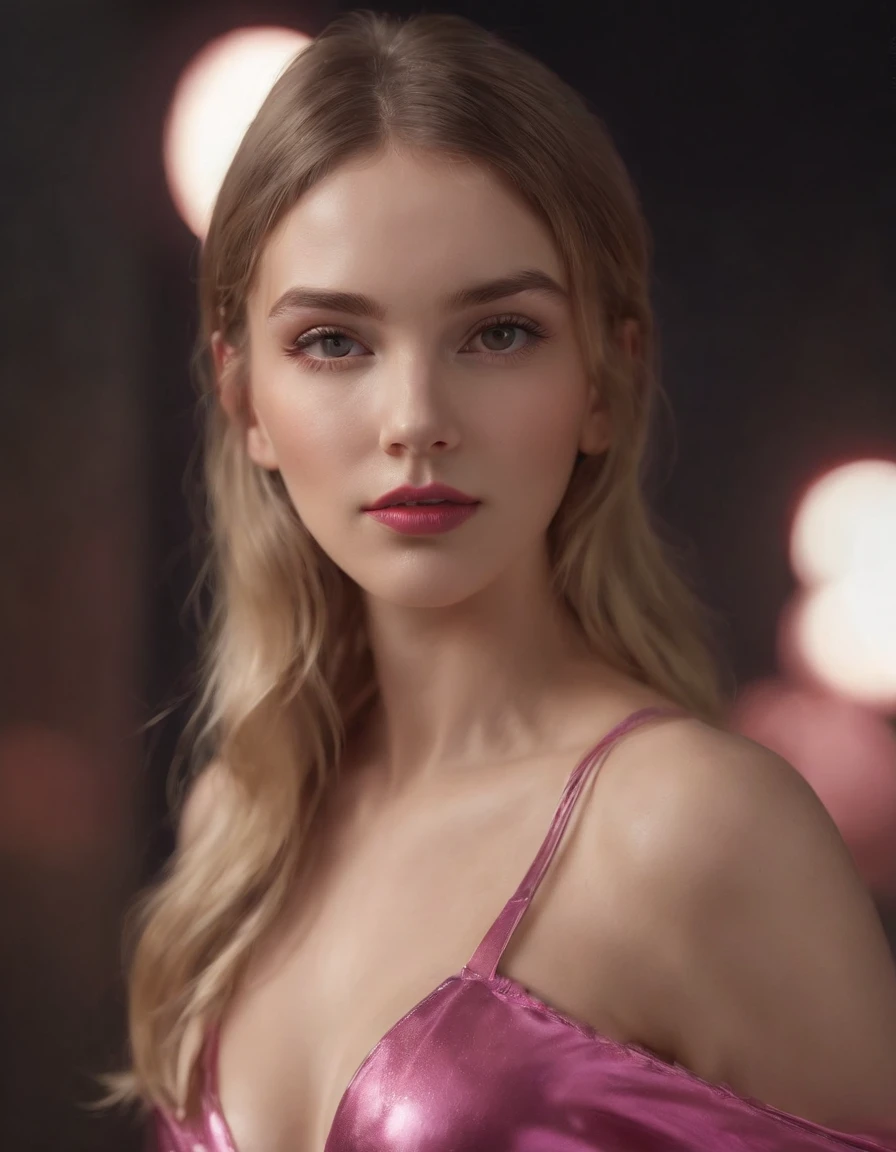 Foto RAW de gama media una modelo rubia bimbo, pink latex dress, Tendencia de moda de Barbie, y estilo, tetas enormes, Maquillaje rosa perfecto, long eyeslashes, nails long, labios grandes, staring directly into camera, Kinematic, Detalles, fotorrealista, Hyper realistic photography, 8k UHD, DSLR, Soft lighting, alta calidad, Film grain, Fuji XT3, (obra maestra), staring directly into camera. (renderizado 3D profesional:1.3) de (realista:1.3) The most beautiful art photo in the world, Renderizado 8K Unity de cuerpo completo, action shot, poro de la piel, sombreado pesado, detallado, Cara detallada, (vibrante, Realistic photography, realista, dramatic, oscuro, Sharp focus 1.4), (intrincado:1.4), (Altamente detallado:1.4),  renderizado por Octane, Estaciones de arte, Concepto-Arte, Suave, foco nítido, illustration, Arte Germen, (loish:0.23), WLOP Ilya Kuvshinov, y Greg Rutkowski y Alphonse Mucha gracias, (global ilumination, luz de estudio, Light Volumetric), Floating Particles, cuerpo completosbian, ((Fondo moderno y cyberpunk:1.3)),CGSesociety,Estaciones de arte