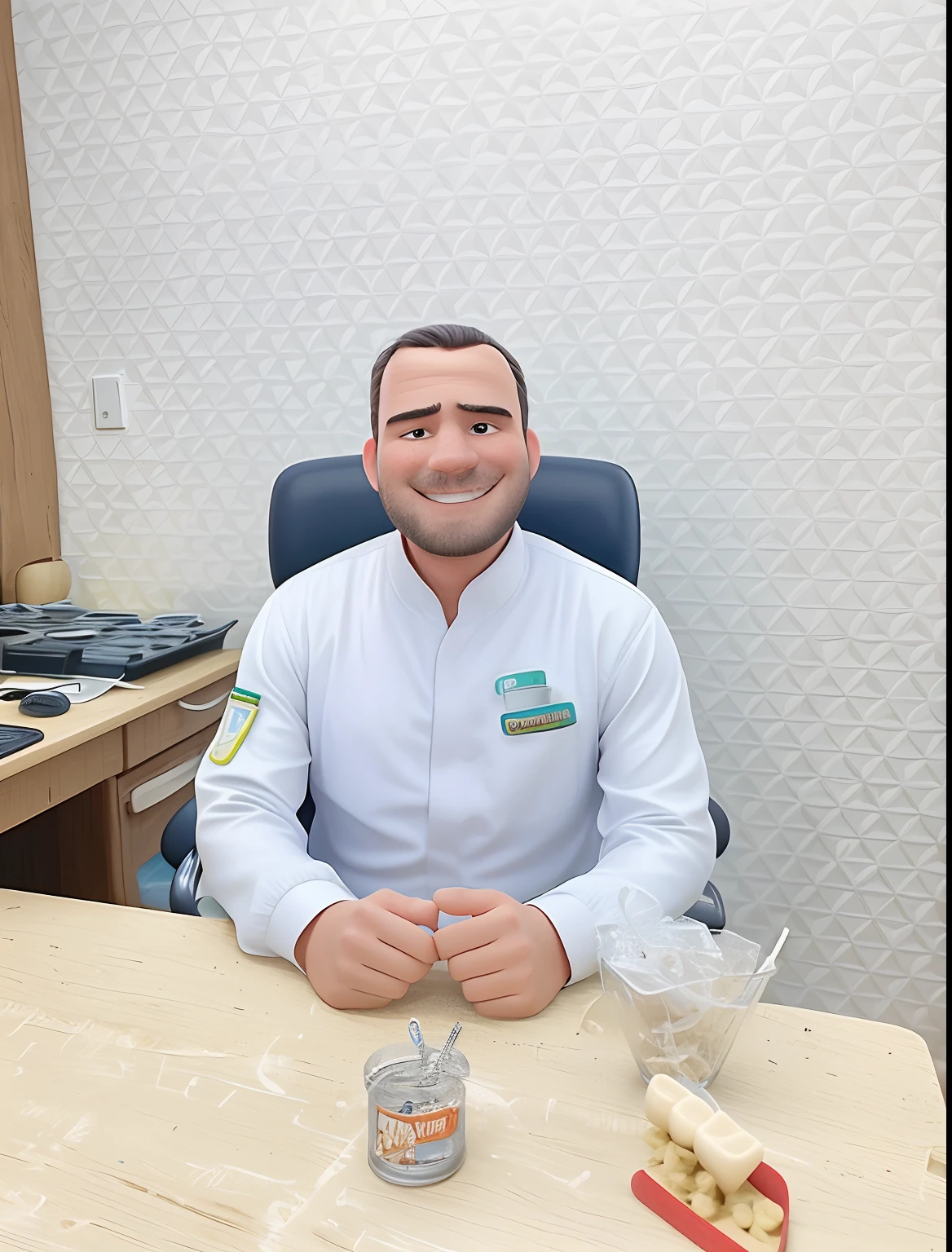 Transform the image into a 3D Disney Pixar style, featuring a smiling male dentist wearing a white coat, sitting in a chair at a table, he has hair shaved almost bald and a very short beard and mustache. The table has some dentist items like dentures. The man appears to be enjoying the moment and posing for the camera. Create a 3D model of the man and the table, keeping in mind the man's facial expression and body language. Add more details to the scene, such as a more vibrant and colorful background, and create a more dynamic and engaging environment for the man to interact with.