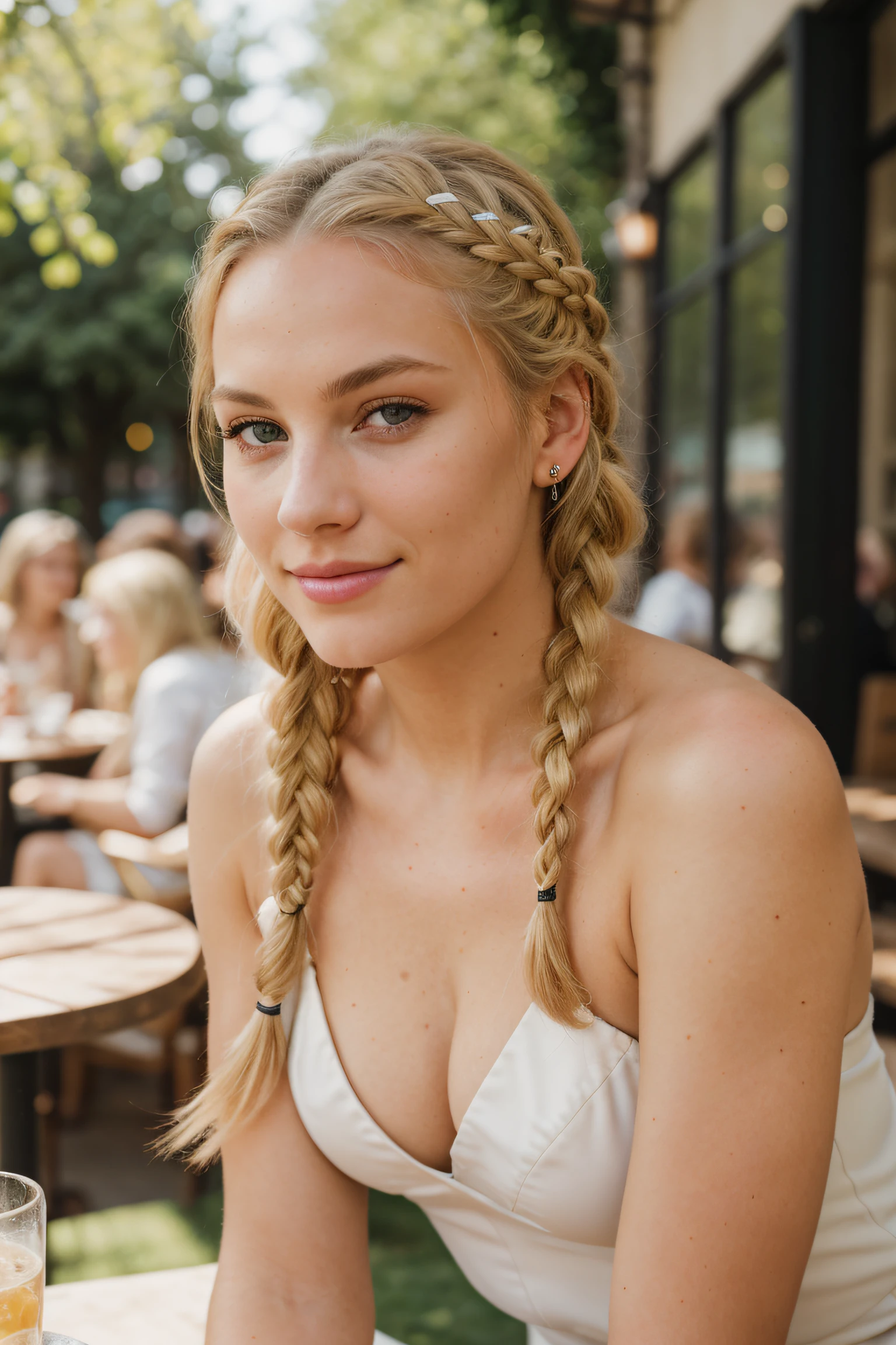 RAW, analog, Nikon Z 85mm, award winning glamour photograph,((best quality)), ((masterpiece)), ((realistic)), 18th century, KarolinaDemy:0.9 piercing eyes, looking straight, very happy, blonde hair, quad braids, in a outdoor cafe, afternoon light,