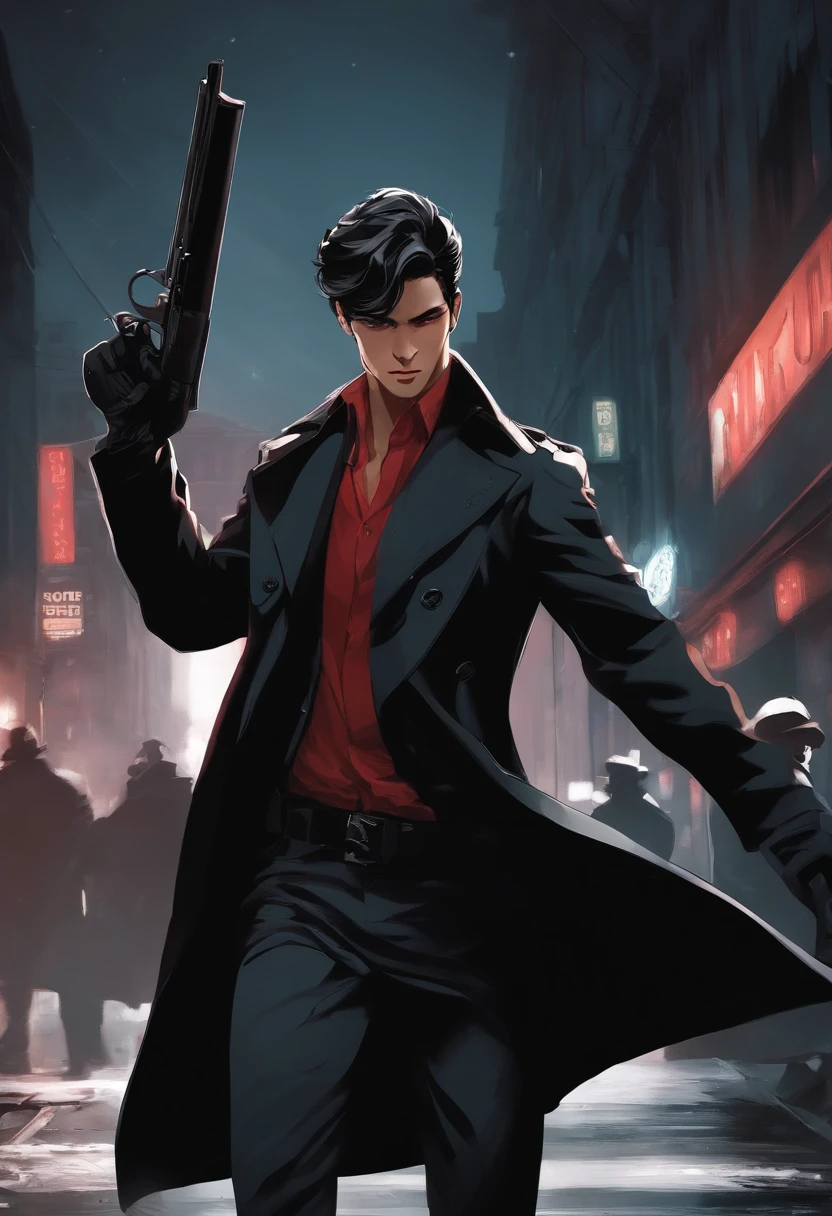 noir style, anime character, coat, gun