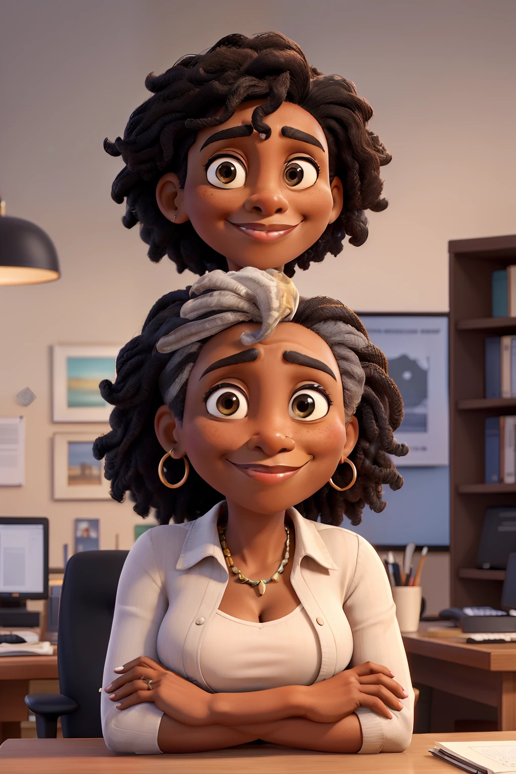 masterpiece, best quality ,Portrait of mid adult successful black mature woman looking at camera with arms crossed. Smiling african american business woman standing in new office .Portrait of mature woman.
