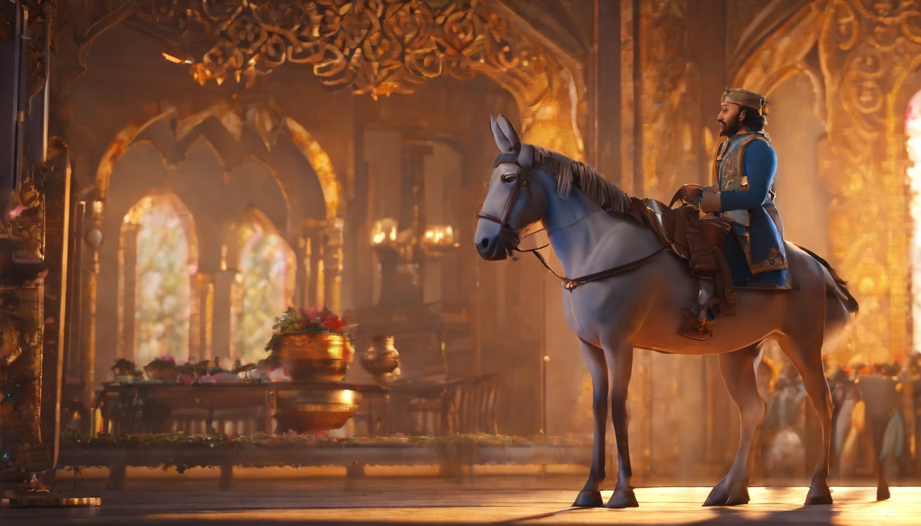 best quality, masterpiece, photorealistic, extremely detailed CG unity 8k wallpaper, a handsome prince takes off the donkey skin that covered him