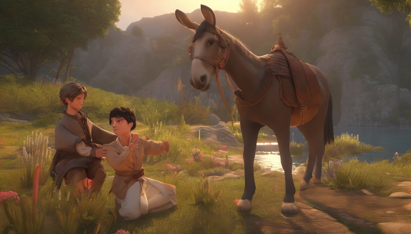best quality, masterpiece, photorealistic, extremely detailed CG unity 8k wallpaper, a handsome prince takes off the donkey skin that covered him