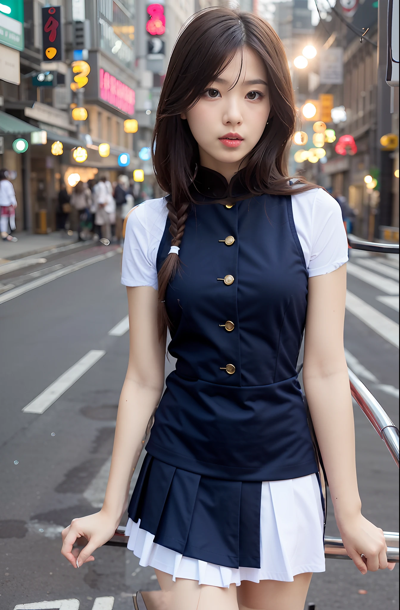 wearing a White school uniform with navy collar