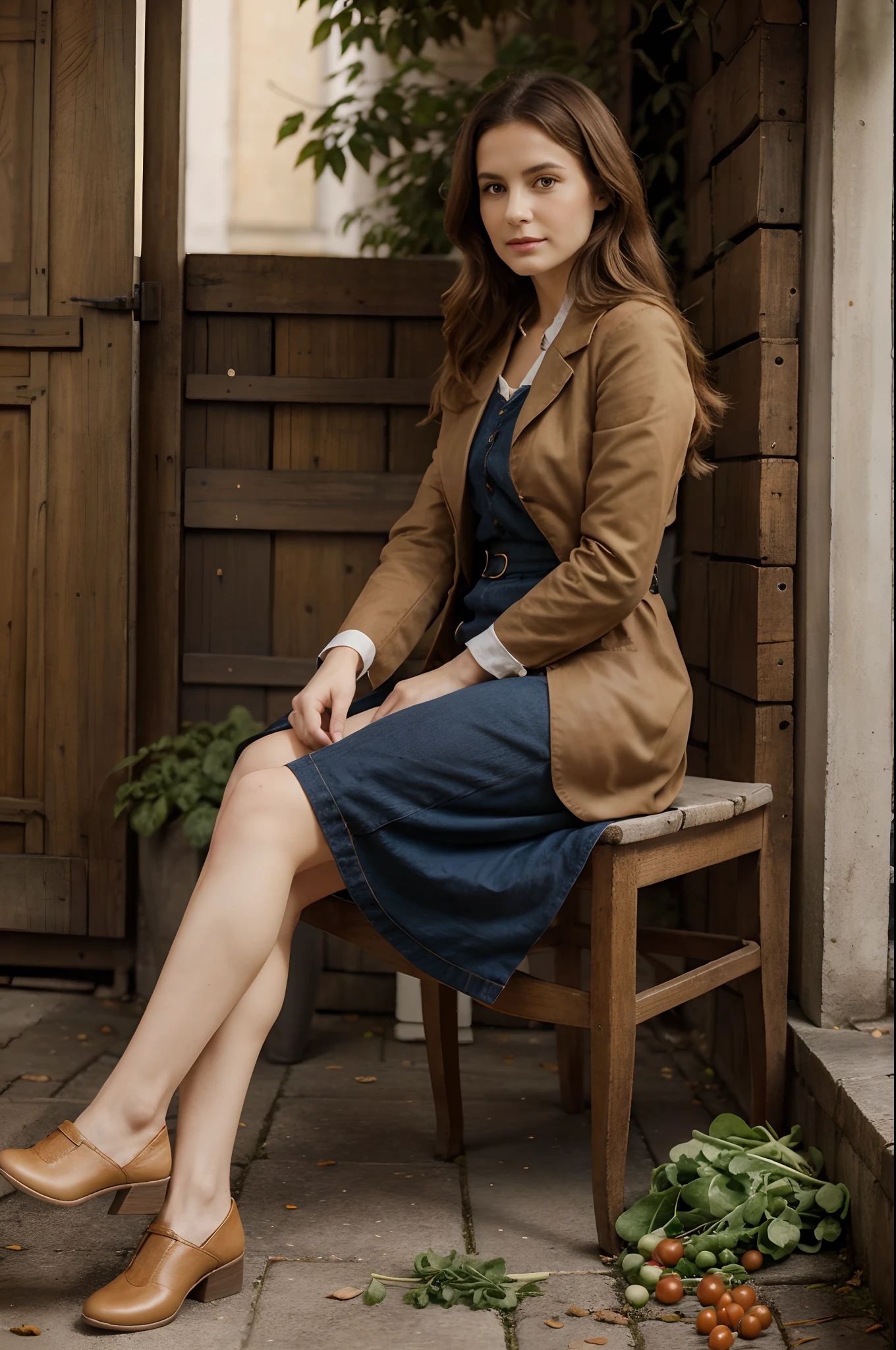 Portrait A mature woman cheveux de couleurs très longs , vêtements feuilles de salade de choux et de légumes , chaussures escarpins, Retro Wearing 1890