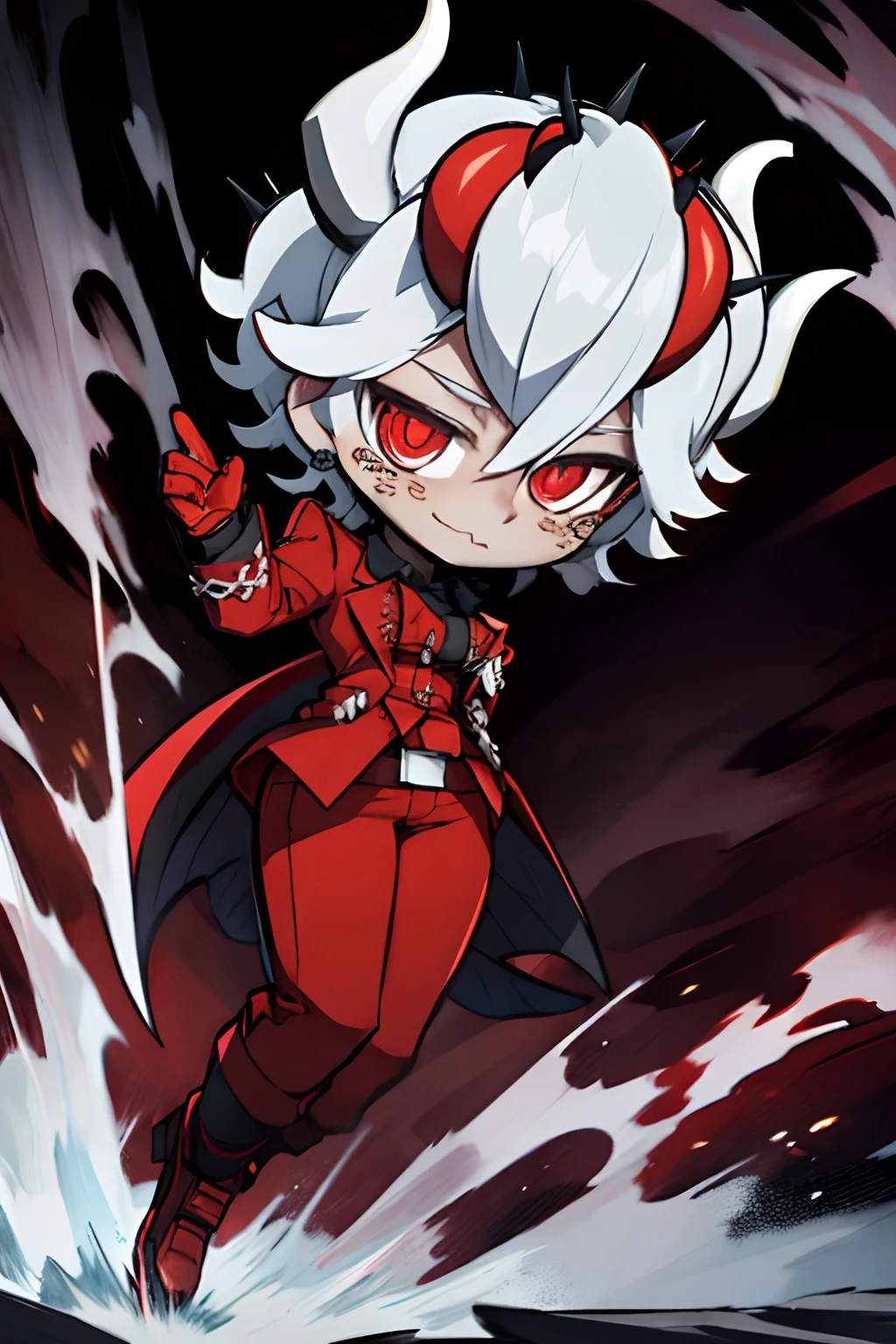 beelzebub(helltaker), freckles, tail, 1girl, pants, suit, looking at viewer, red eyes, demon horns, :3, white hair, shirt, formal, demon tail, red footwear, red pants, demon girl, red gloves, gloves, simple background, horns, white horns, solo, business suit, short hair, red shirt, chibi