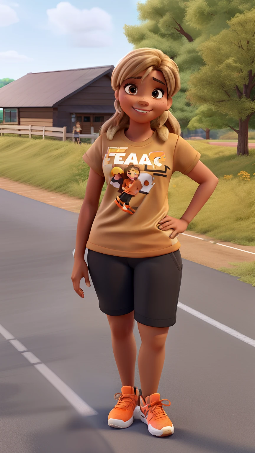 pixar style, 3d, woman, light skin, medium-sized hair, brown with blonde highlights, brown eyes, smiling, standing with her right hand on her waist, training clothes, black shorts and a light orange t-shirt with "cefac" written on it. Scenery on a race track, with trees and blue sky.