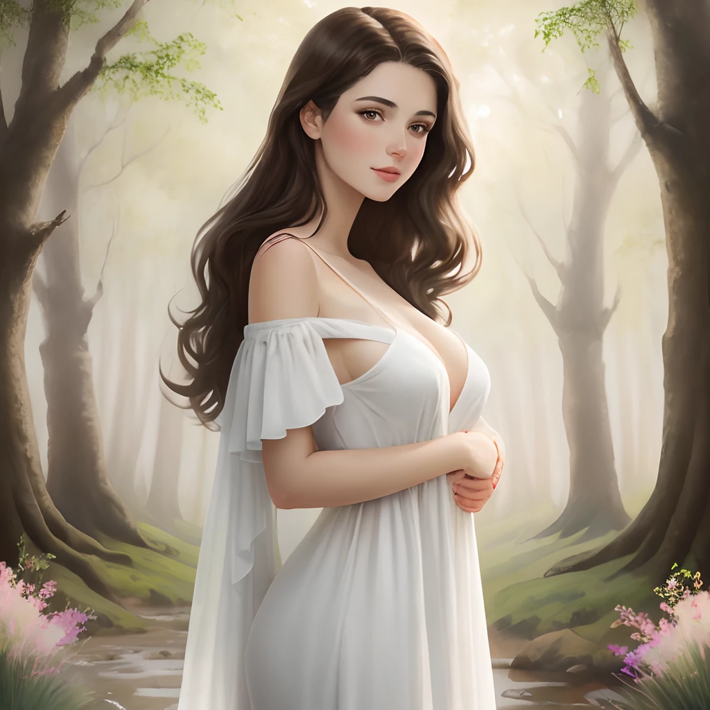 Retrato en acuarela muy real, ultra detallado, mujer joven cuerpo ebtero, belleza extra, ojos oscuros, with a long body-hugging dress, tiny breast, sensible y fondo de bosque y flores