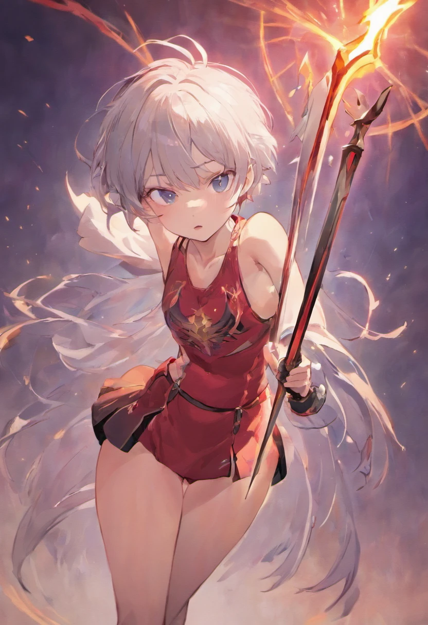 1girl, white silver hair, short hair, small breasts, thicc thighs, realistic sword, holding up sword. Red tank top, black panties, Blue eyes, shiny skin, shiny hair. Fire on sword. Amounts in and sun in background. Realistic quality.