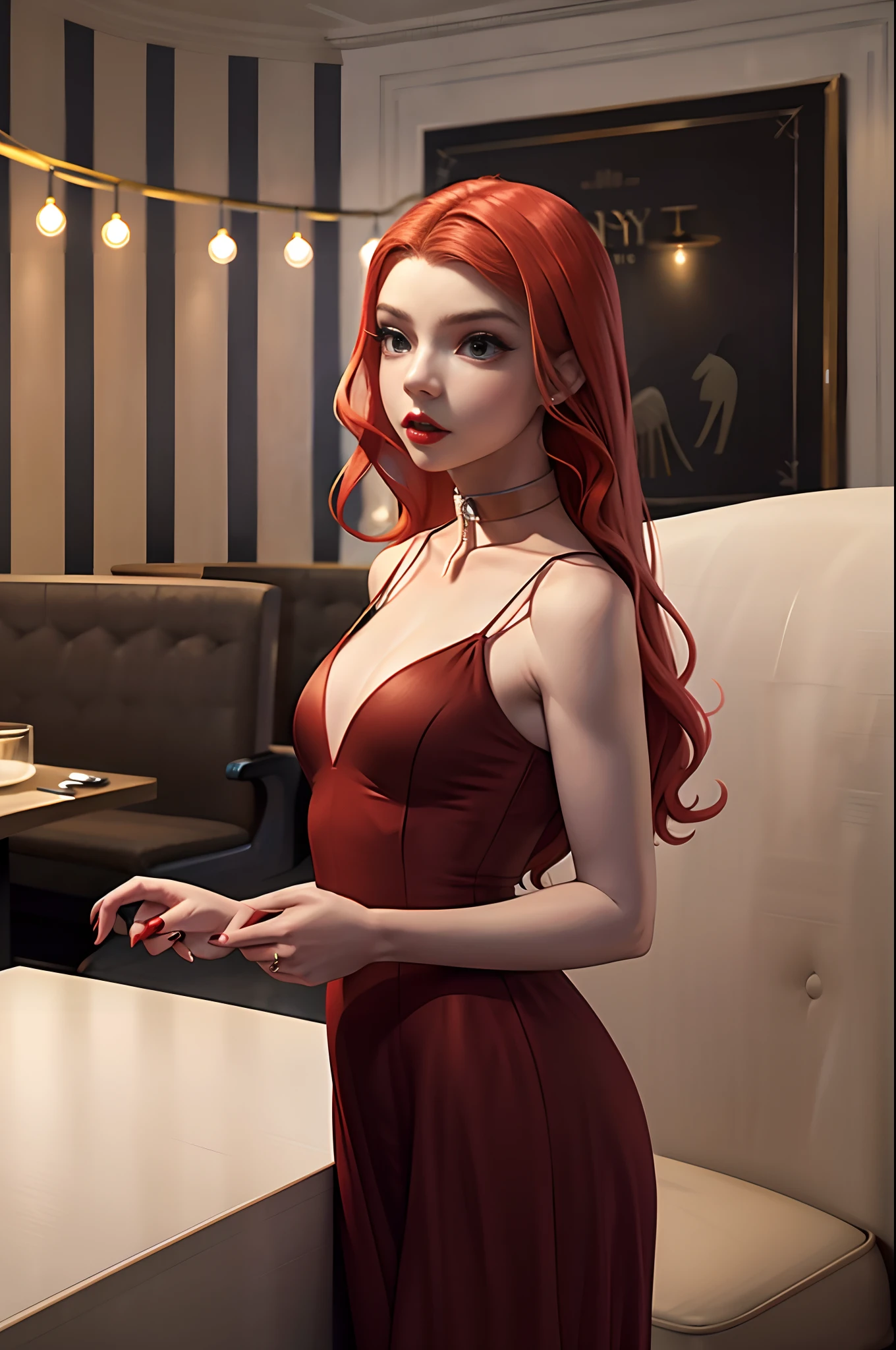 Masterpiece, realistic, detailed, studio lighting, Anya Taylor-Joy, long red hair, red luscious lips, at fancy restaurant, customers eating at restaurant in background, wearing long red dress, wearing choker, sexy pose, thin body,