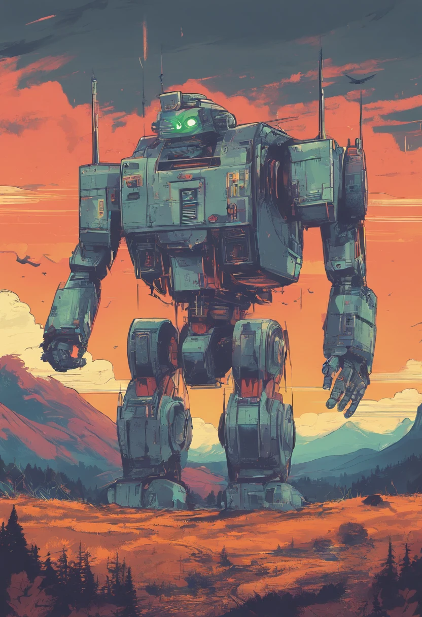 design de camisetas, vetor, Giant robot with scenic landscape in the background, Detailed illustration, and retro style