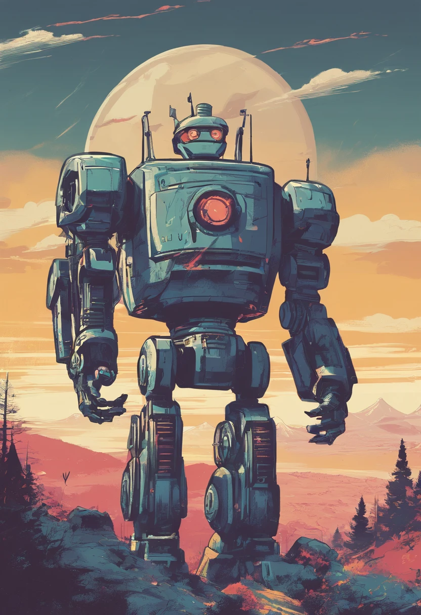design de camisetas, vetor, Giant robot with scenic landscape in the background, Detailed illustration, and retro style
