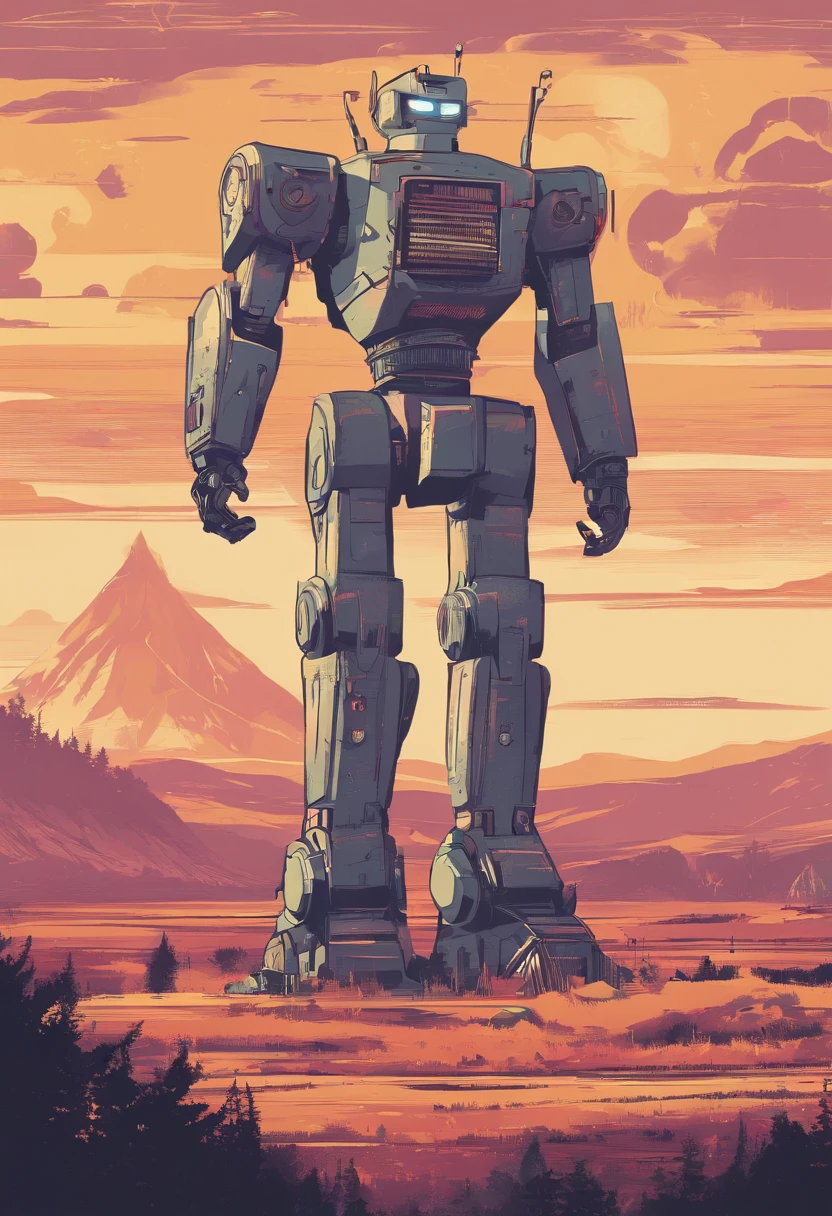 design de camisetas, vetor, Giant robot with scenic landscape in the background, Detailed illustration, and retro style
