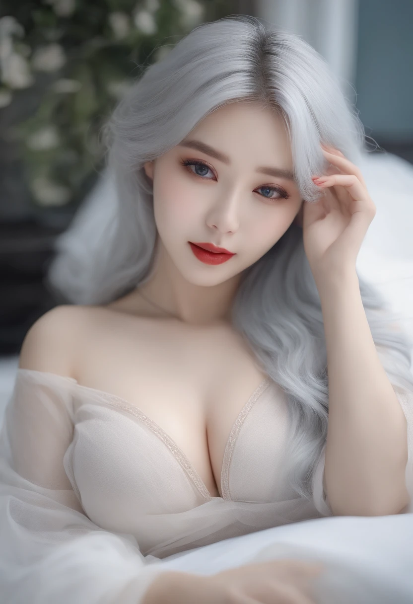 (top-quality、8k)、Very young beauty、Stunning white-haired goddess、thin lace half cup underwear、Ultra-fine depiction、The tips of the nipples are protruding、The shape of the pubic area is clearly visible、legs wide open、((layers-Cut、huge tit：1.2))、Sleep in bed、Underwear with see-through、Brown-skinned、Blue eyes