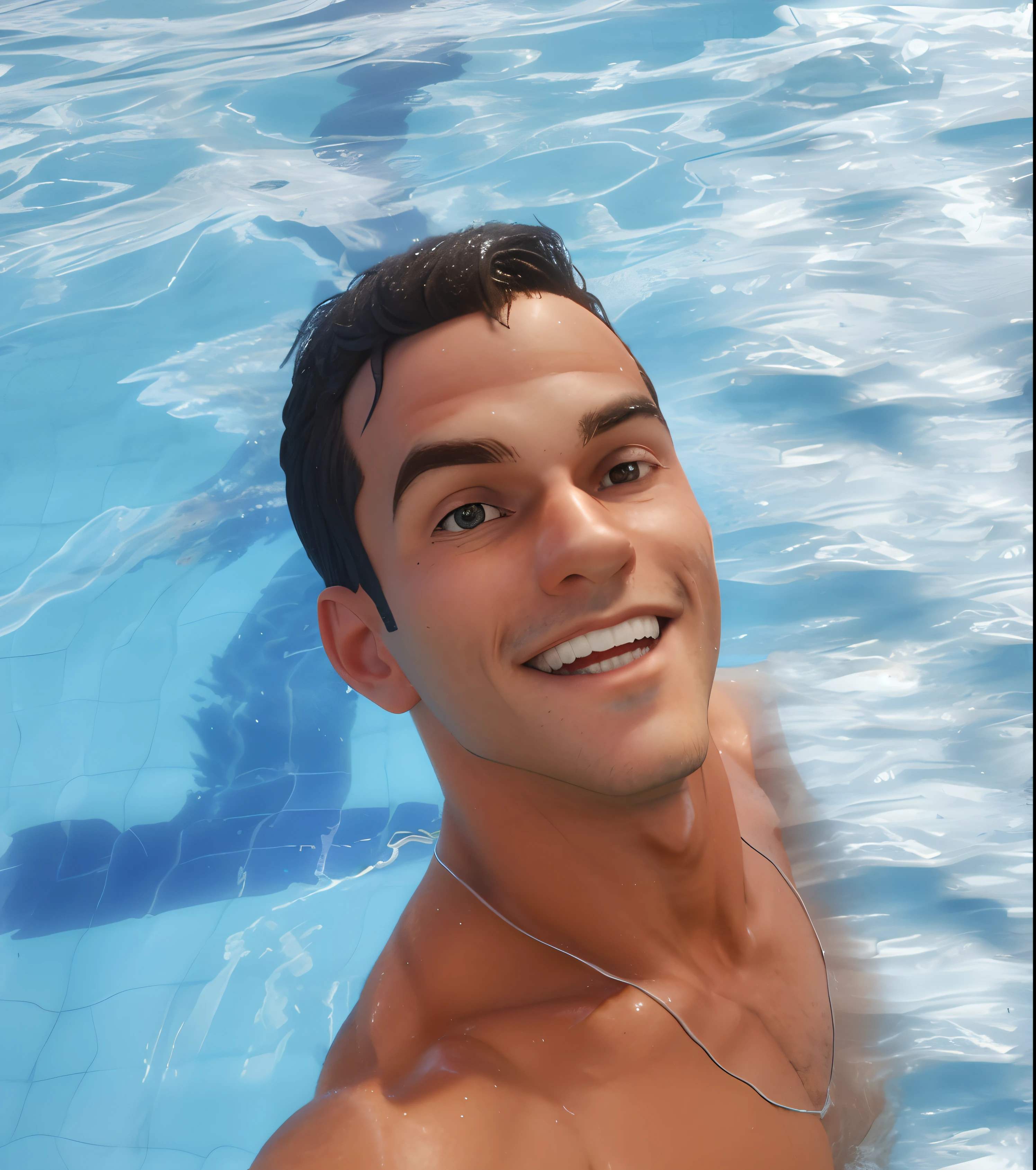 There's a young cartoon man in a swimming pool, animated film, Arnold Maya render, animation movie still, animation character, pixar renderman render, animation film, em uma piscina, 3 d animated movie, animation still, 'Lucas', animado ainda, Personagem 3D, Personagem 3D, personagem de desenho animado, 3 d desenho animado, animation movie still